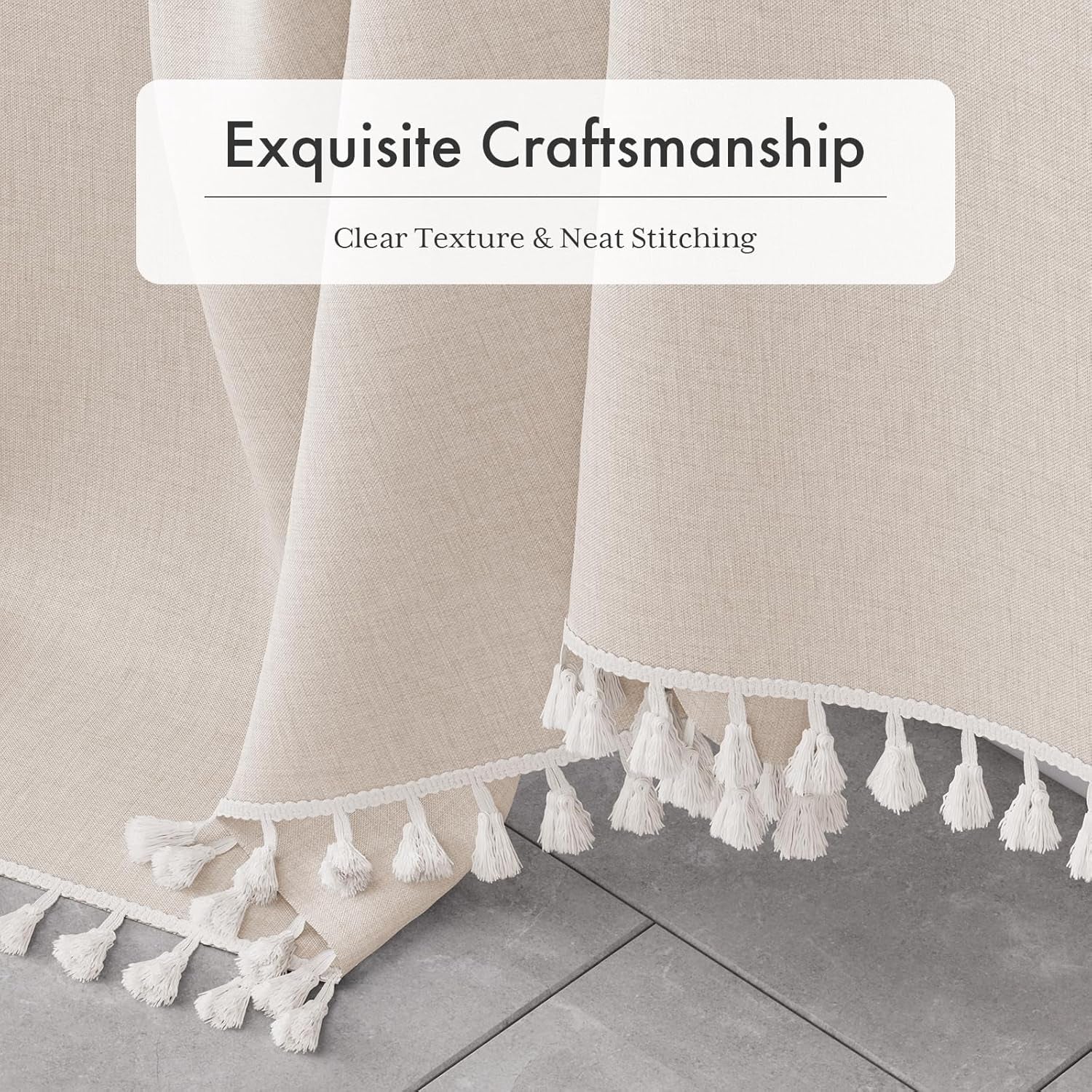 Boho Shower Curtain for Bathroom, 72X72 Beige Shower Curtain with Tassels, Modern Farmhouse Shower Curtain Set with Hooks, Neutral Faux Linen Light Tan Toned, Water Repellent