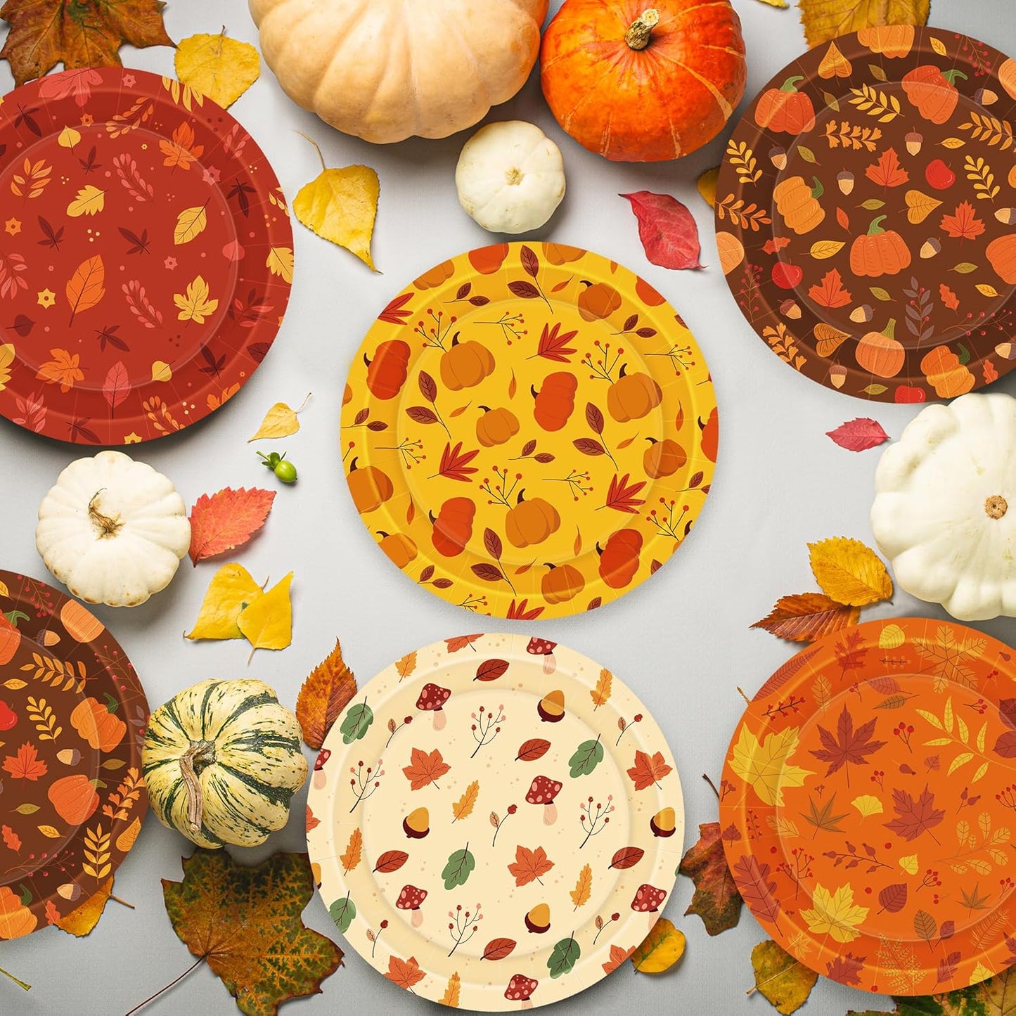 50 PCS Thanksgiving Paper Plates, 9" Disposable Thanksgiving Plates, 5 Styles Fall Party Tableware with Maple Leaves Pumpkins, Harvest Party Plates for Autumn Dinnerware Party Supplies