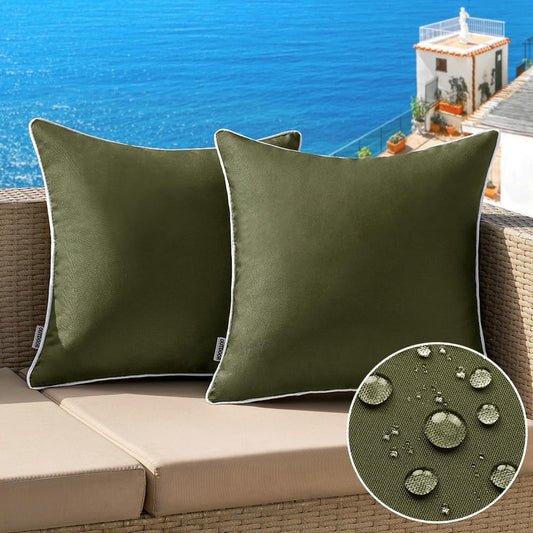 Set of 2 Outdoor Waterproof Decorative Pillow Covers - Solid Color Farmhouse Style for Patio, Tent, Bed, and Sofa - 16x16 Inch Olive Green