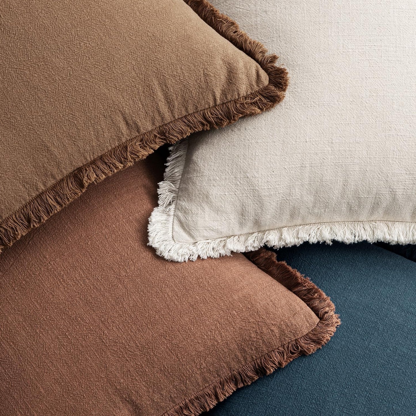 Set of 4 Neutral Linen Fringe Decorative Couch Pillow Covers - Modern Rustic Boho Farmhouse Cushions for Living Room and Bedroom Decor, 18x18 Inches, Beige/Brown/Blue