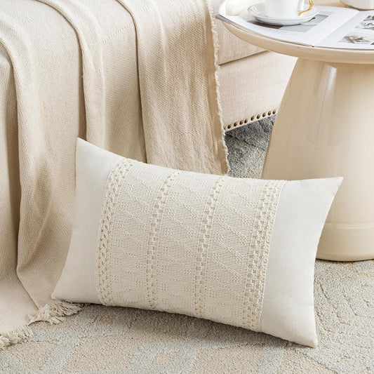 Set of 1 Boho Cream Lumbar Decorative Throw Pillow Cover 12X20 Inch for Couch Bed Sofa Chair, Modern Organic Farmhouse Home Decor, Soft Cotton Cute Accent Rectangle Cushion Case