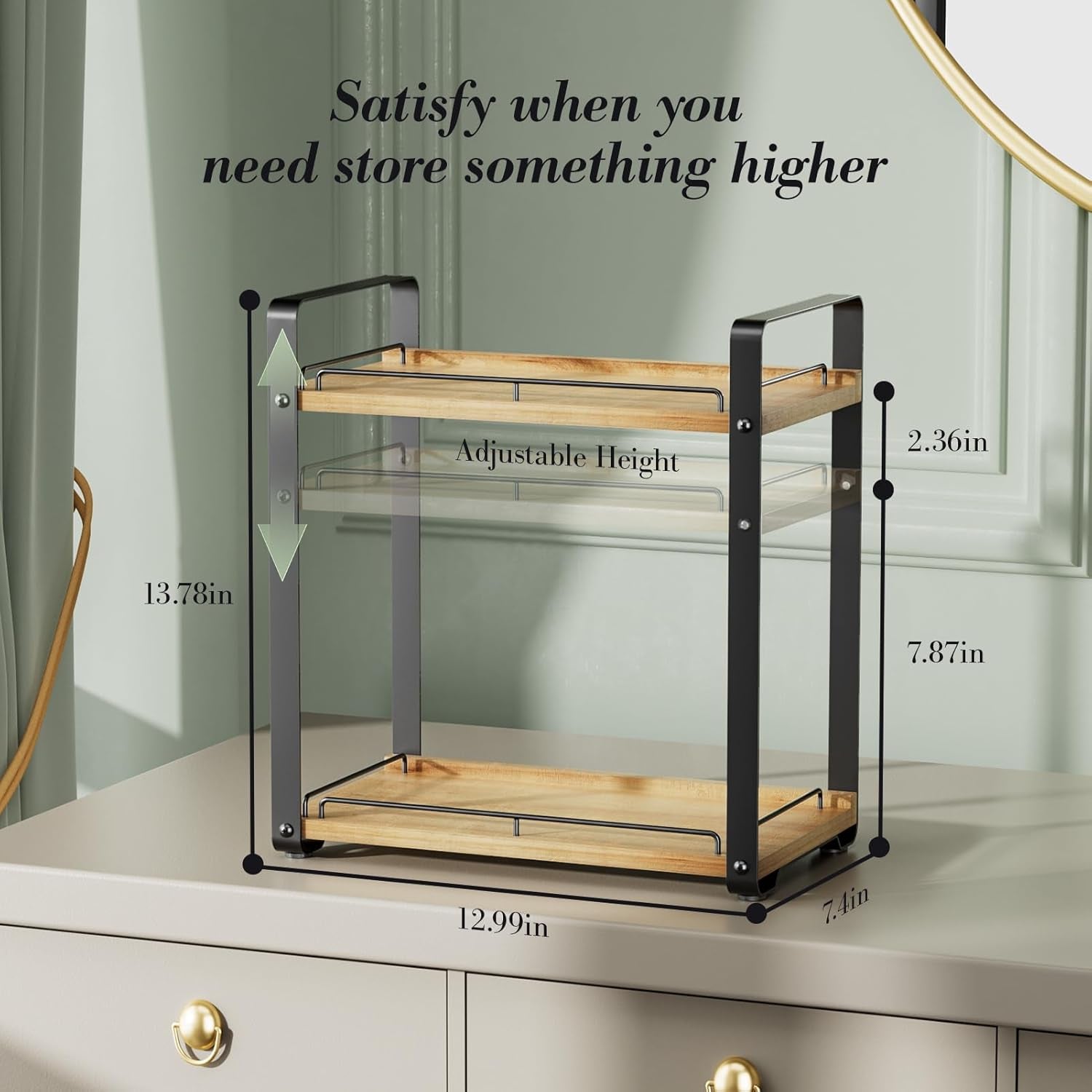 2-Tier Bathroom Counter Organizer, Wood Vanity Organizer Countertop for Skincare & Makeup, Multi-Purpose Vanity Bathroom Shelf for Coffee Station Kitchen Storage and Organization