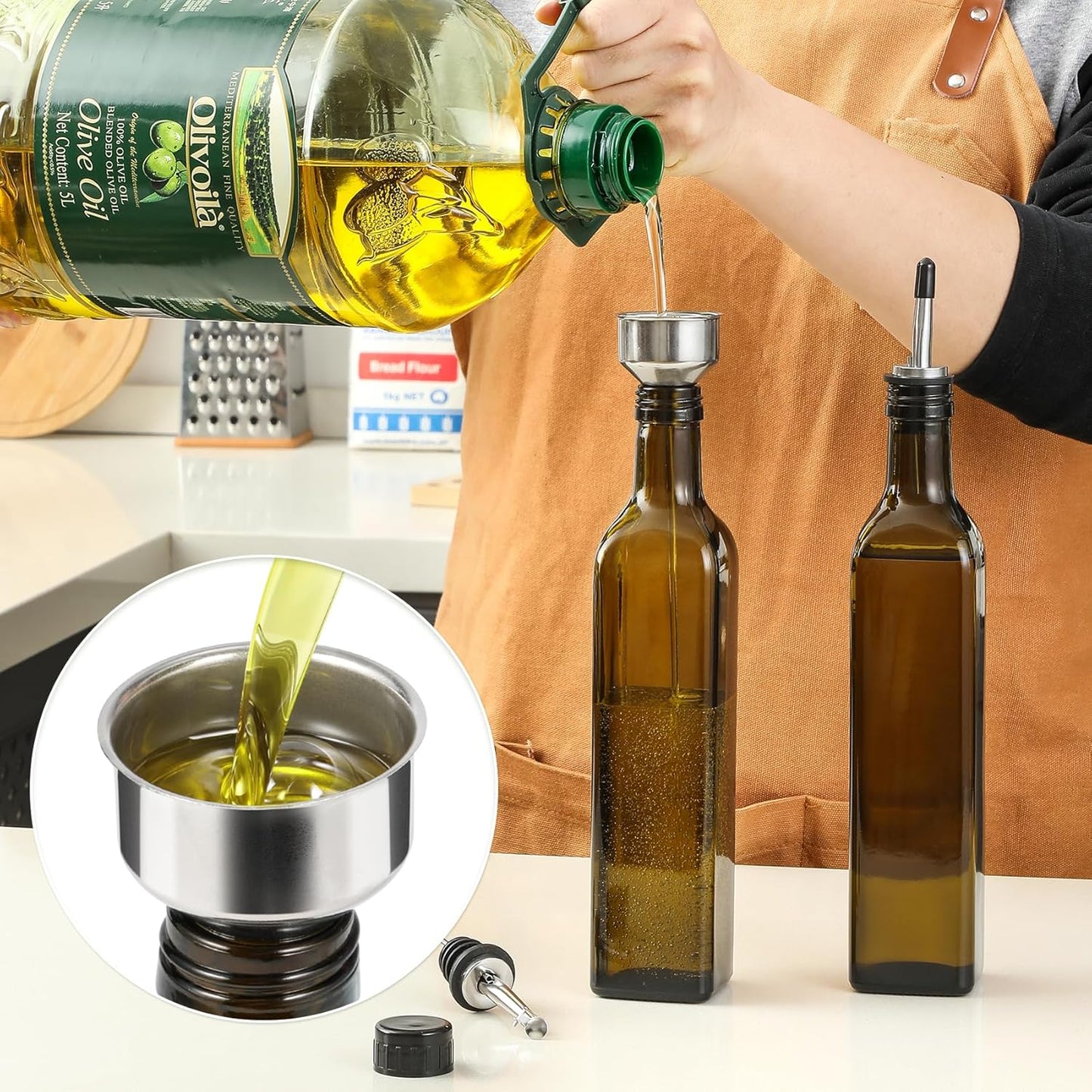 17Oz Glass Olive Oil Dispenser - Oil and Vinegar Cruet Bottle with Stainless Steel Pourers - Funnel for Easy Refill - Olive Carafe Decanter for Kitchen