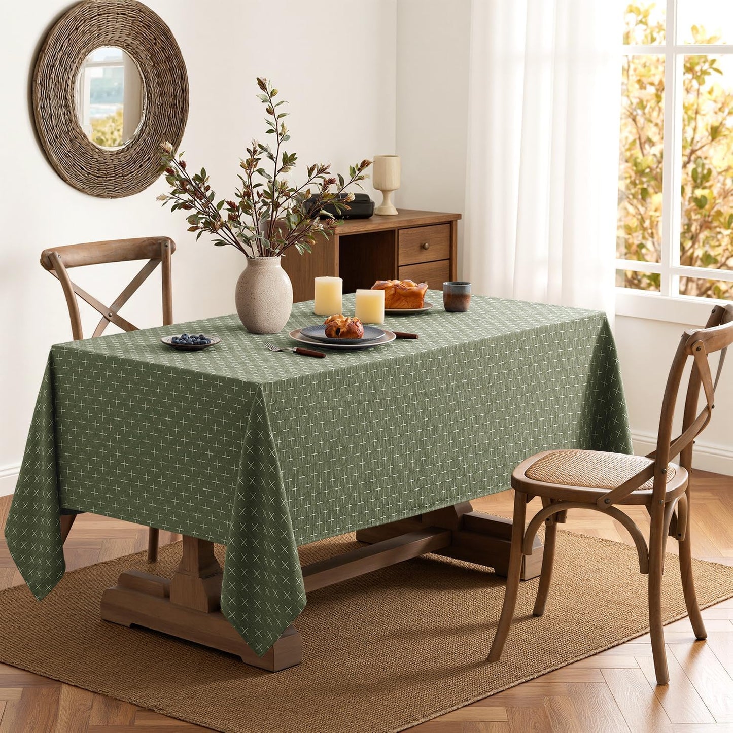 Olive Green Waterproof Linen Rectangle Tablecloth with Cross-Star Texture, Rustic Farmhouse Style for Dining, Parties, Buffets, and Weddings, 60x84 Inches
