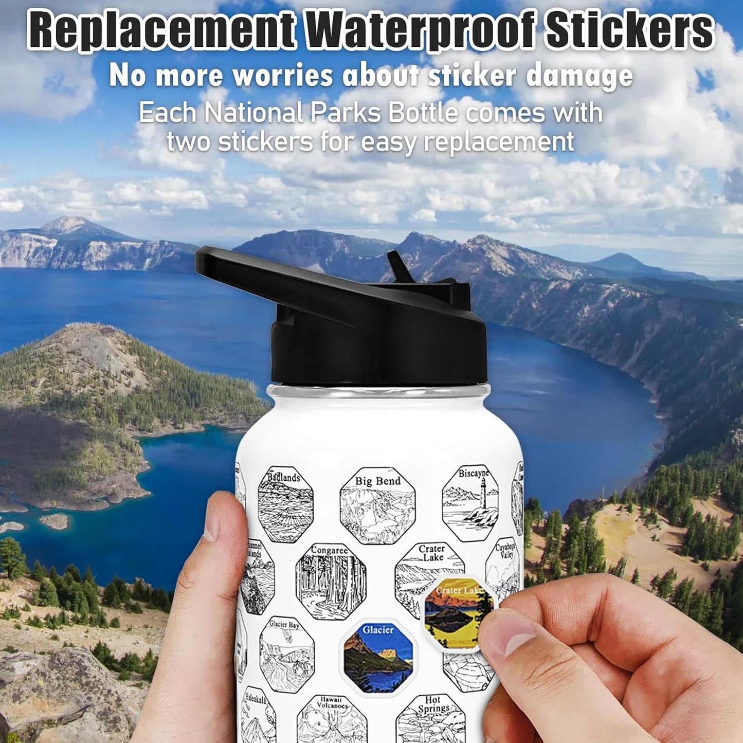 63 National Parks Water Bottle with Stickers,32 Oz Stainless Steel Insulated Water Bottle with Straws,2 Lids,Leak Proof Metal Water Cup for Hiking,Travel,Sports,Camping,Wide Mouth Bottle