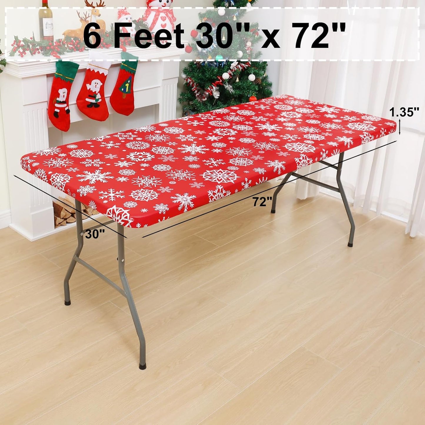 Rectangle Vinyl Tablecloth, Fitted Table Cover, 100% Waterproof, Elastic Edge, Flannel Backing, Plastic Table Cloth Fit 6 Foot Folding Tables for Picnic, Outdoor (Red Snowflake, 30X72 Inch)