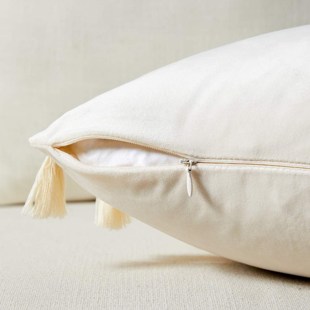 Pack of 2 Boho Decorative Throw Pillow Covers with Handmade Tassels, Soft Velvet Accent Solid Square Cushion Case Set for Couch Sofa Bedroom Car Living Room (16X16 Inch/40X40 Cm, Cream)