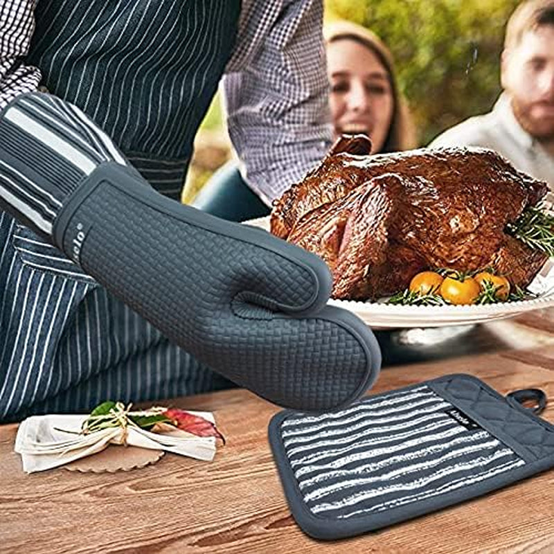 Silicone Oven Mitts Heat Resistant 550 Degree Extra Long Kitchen Gloves Pot Holders with Waterproof and Non-Silp for Baking Cooking Barbecue Microwave Machine Washable (Extra Long Grey, 2)