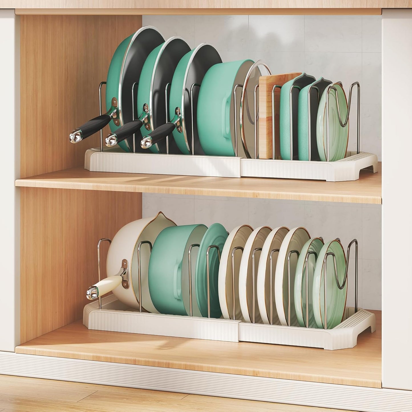 Pots and Pans Organizer for under Cabinet, Pan Pot Organizers inside Cabinet, Expandable Organizer with 10 Adjustable Dividers for Cookie Sheets, Cutting Boards, Pot Lids, Cookware - Frying Pan Rack