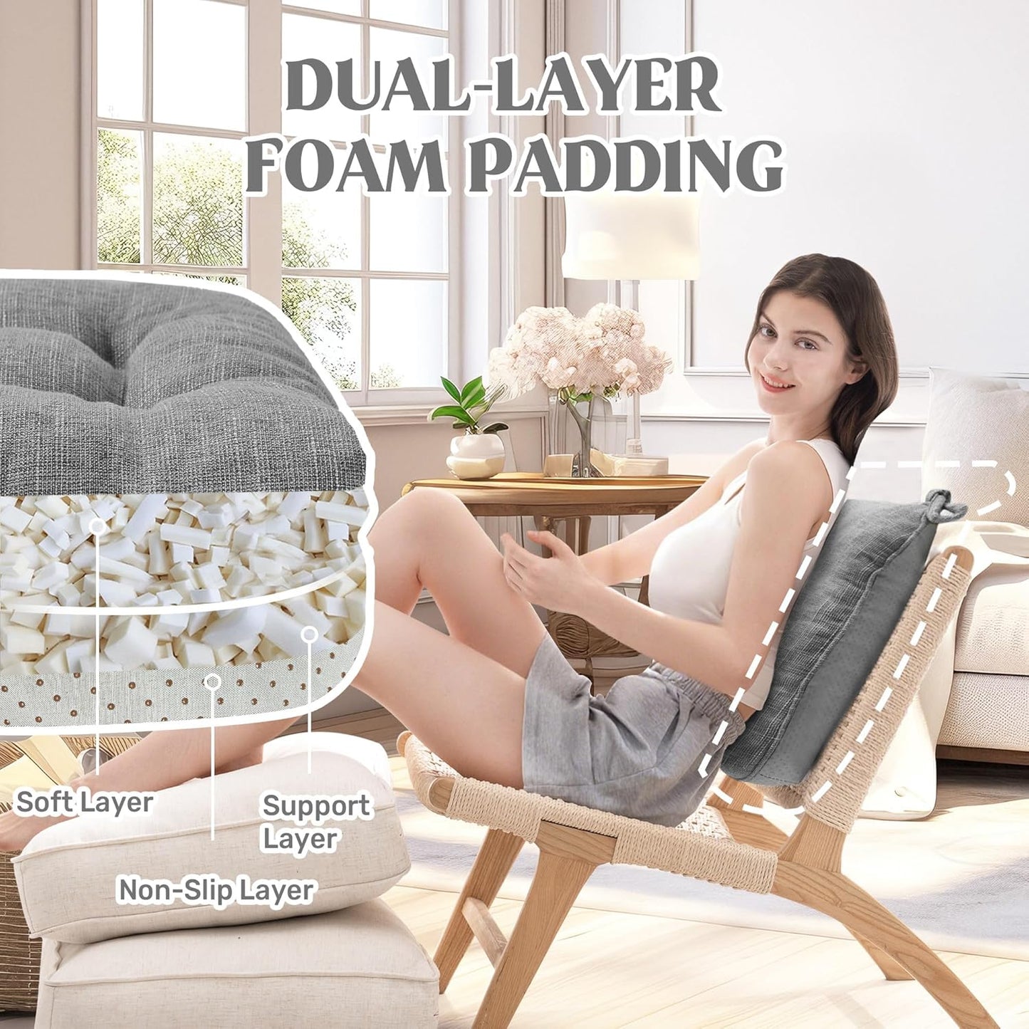 ® Chair Cushions for Dining Chairs, Tufted Memory Foam Chair Pads with Non-Slip Backing, Kitchen Seat Cushions with Ties, Washable Seat Pad Set of 4, 15.5" X 15.5" X 4", Dark Grey