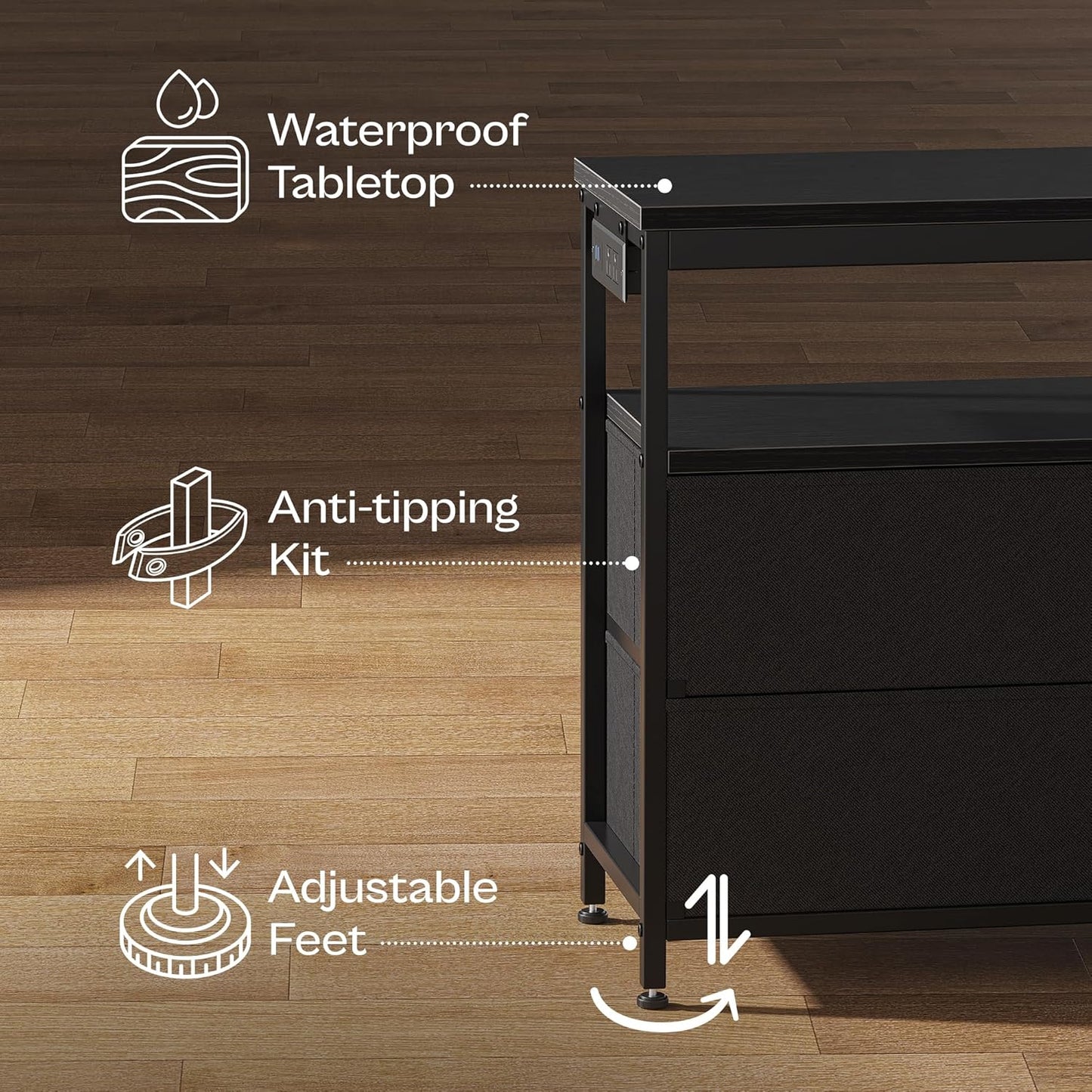 LED TV Stand for Bedrooms and Living Rooms, 47-Inch Dresser with Storage for 43, 50, and 55-Inch TVs, Black Entertainment Center with Power Outlets and 6 Drawer Fabric Dresser