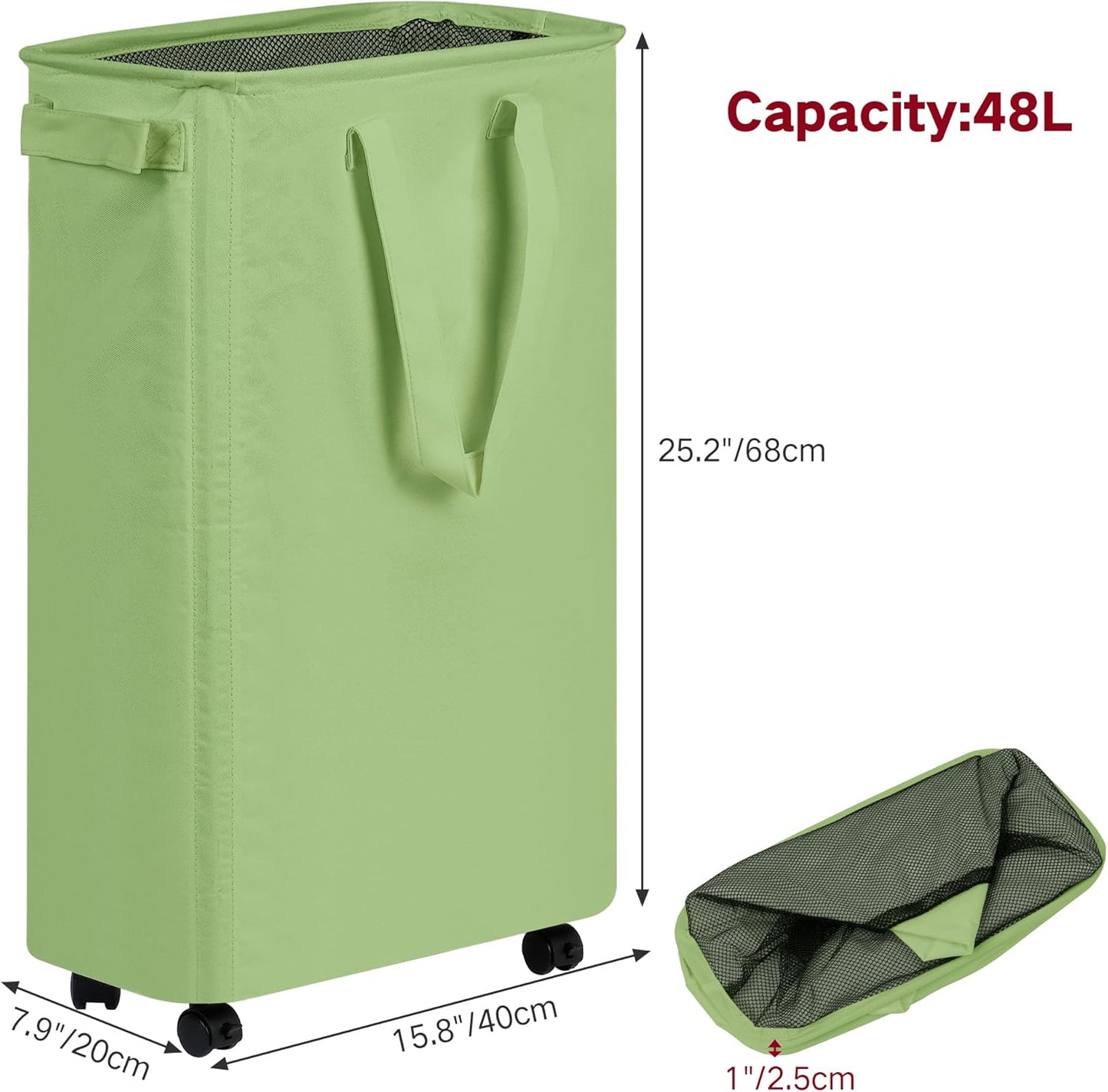 Slim Laundry Hamper with Wheels, Rolling Laundry Basket for Clothes, Small Laundry Basket for Bedroom, Dorm and Laundry Room, 60L (12.7 Gallons) Green
