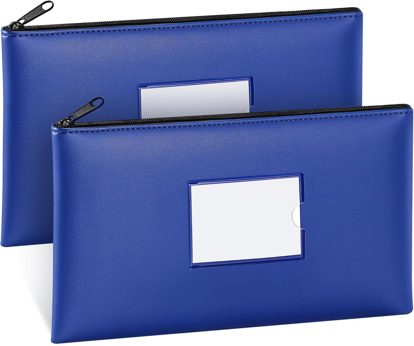 Money Bags with Zipper, 2-Pack Bank Bags with Label, Waterproof Leather Money Pouches, for Cash Coin Bill Invoice Deposit Receipt Storage and Organize, 11.5 X 6.2 Inches (Blue)