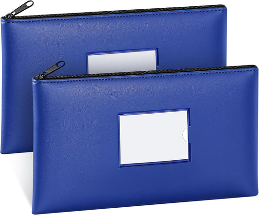 Money Bags with Zipper, 2-Pack Bank Bags with Label, Waterproof Leather Money Pouches, for Cash Coin Bill Invoice Deposit Receipt Storage and Organize, 11.5 X 6.2 Inches (Blue)