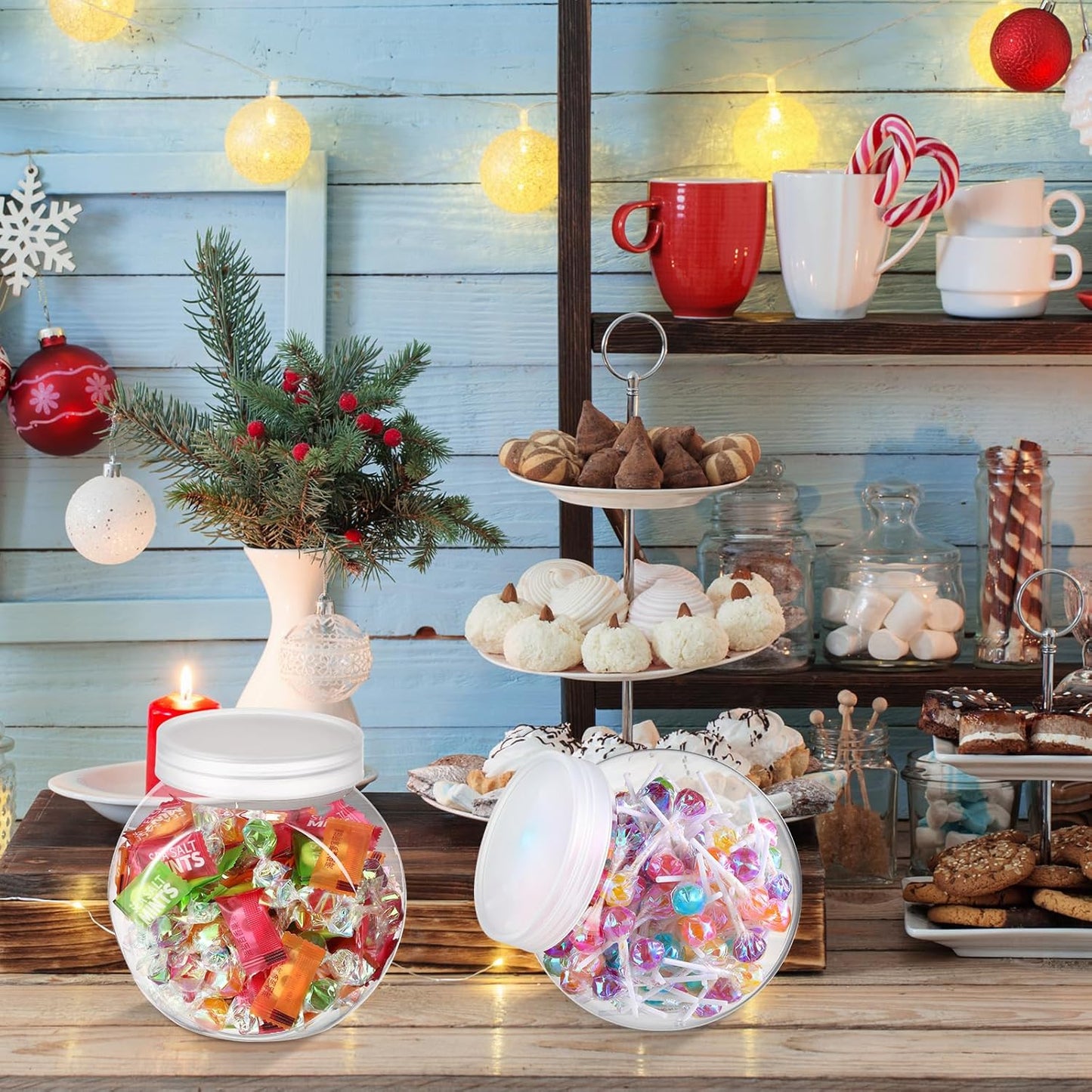 Clear Plastic Candy Jar Set with Lids and Mini Acrylic Scoops - 42 Oz Decorative Containers for Candy Buffets and Kitchen Counters (2 Sets)