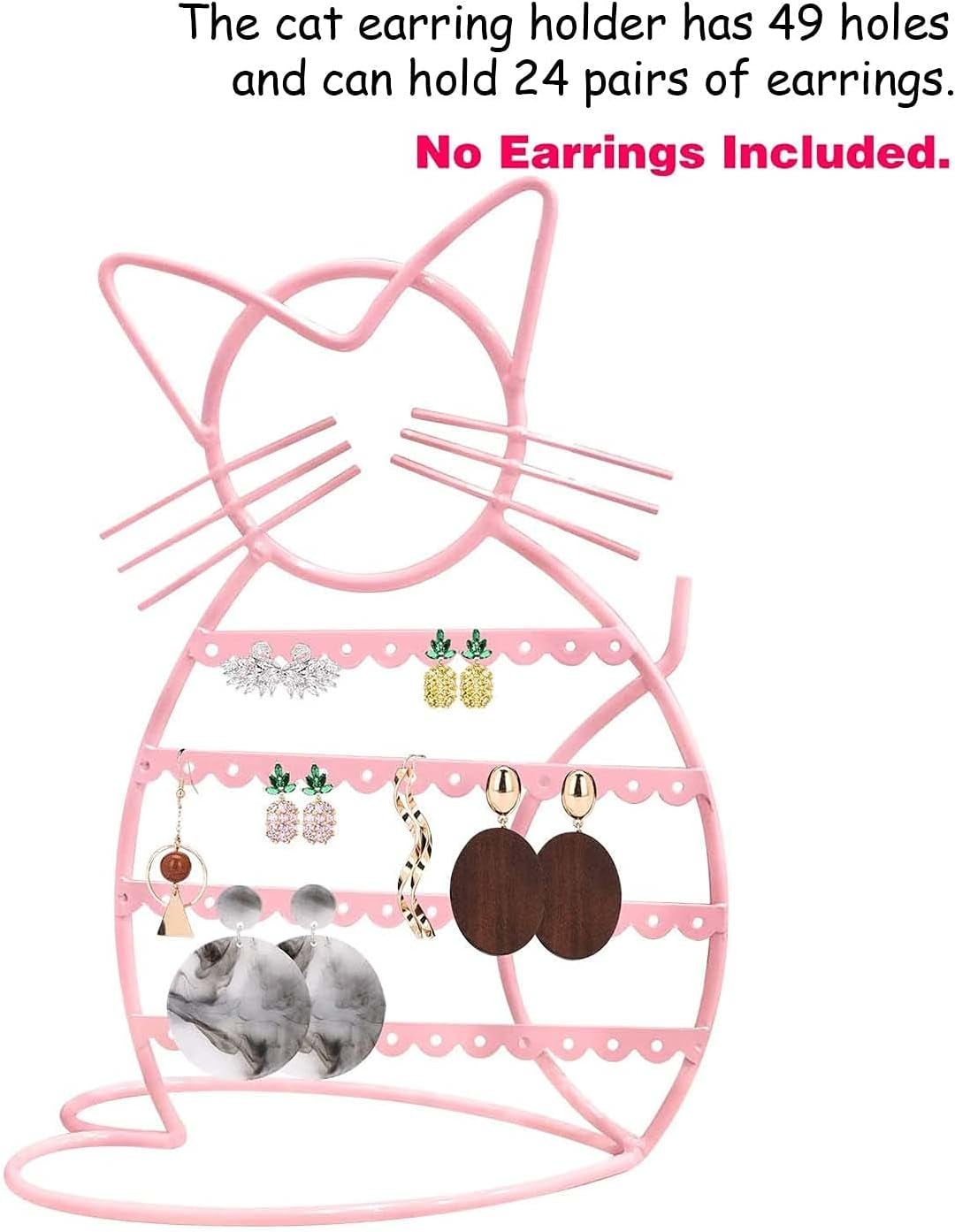 Jewelry Organizer Stand Cat Shaped Earring Holder Organizer Metal 48 Stud Earring Holes Jewelry Holder, Metal Jewelry Display Vanity Organizer for Girls - Macron Pink