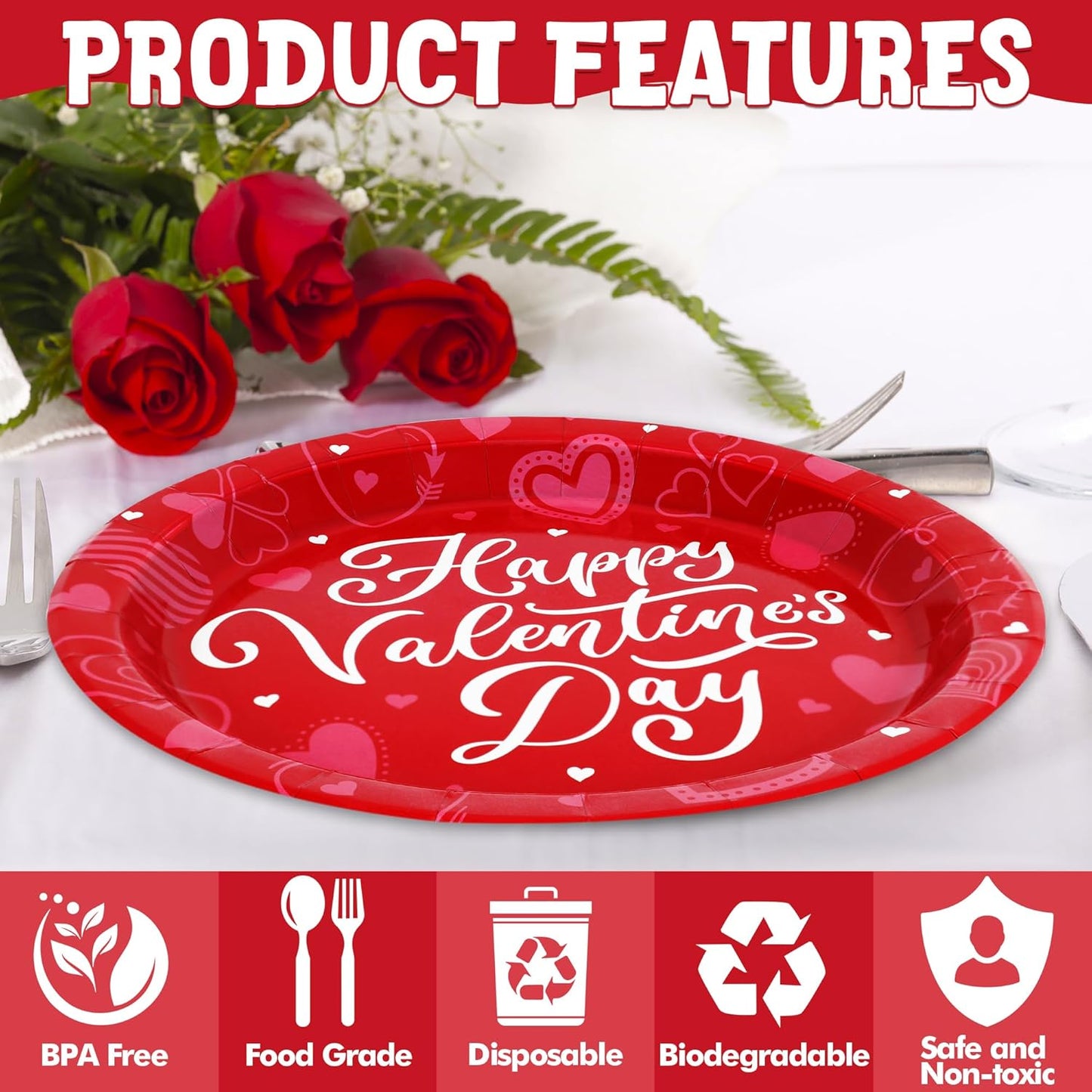 48 PCS Valentines Plates, 9 in Pink Red Color Heart Paper Plates, round Heart Love Design Valentines Day Plates Pink Party Plates, Disposable Pink Dinnerware for Valentines Anniversaries Wedding
