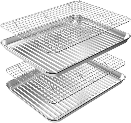 Stainless Steel Baking Sheet and Rack Set (2 Pans + 2 Racks) - Nonstick, Heavy Duty, Warp Resistant, Rust Free, Size 16 x 12 x 1 Inches