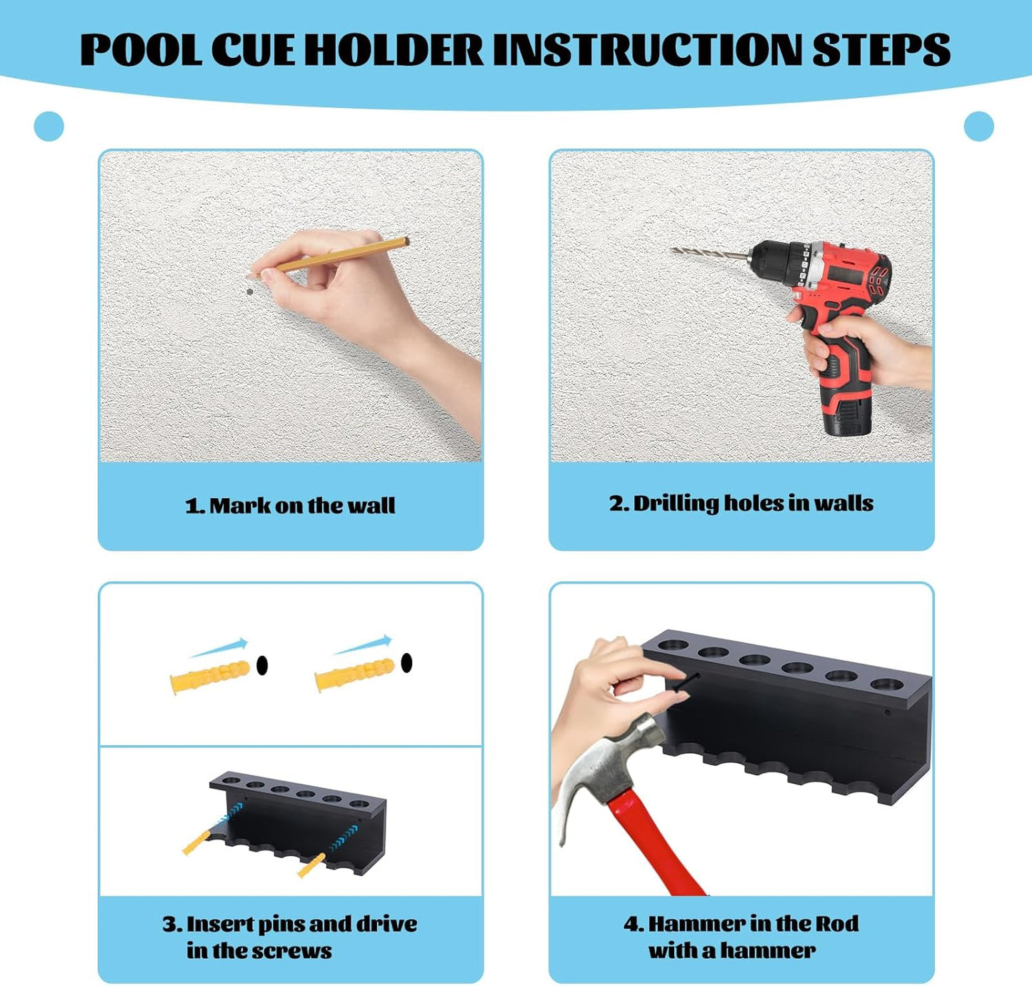Pool Cue Holder Wall Mounted Pool Stick Holder Pool Table Accessories Pool Cue Rack for 6 Cues Stick Storage Billiards Set Wood