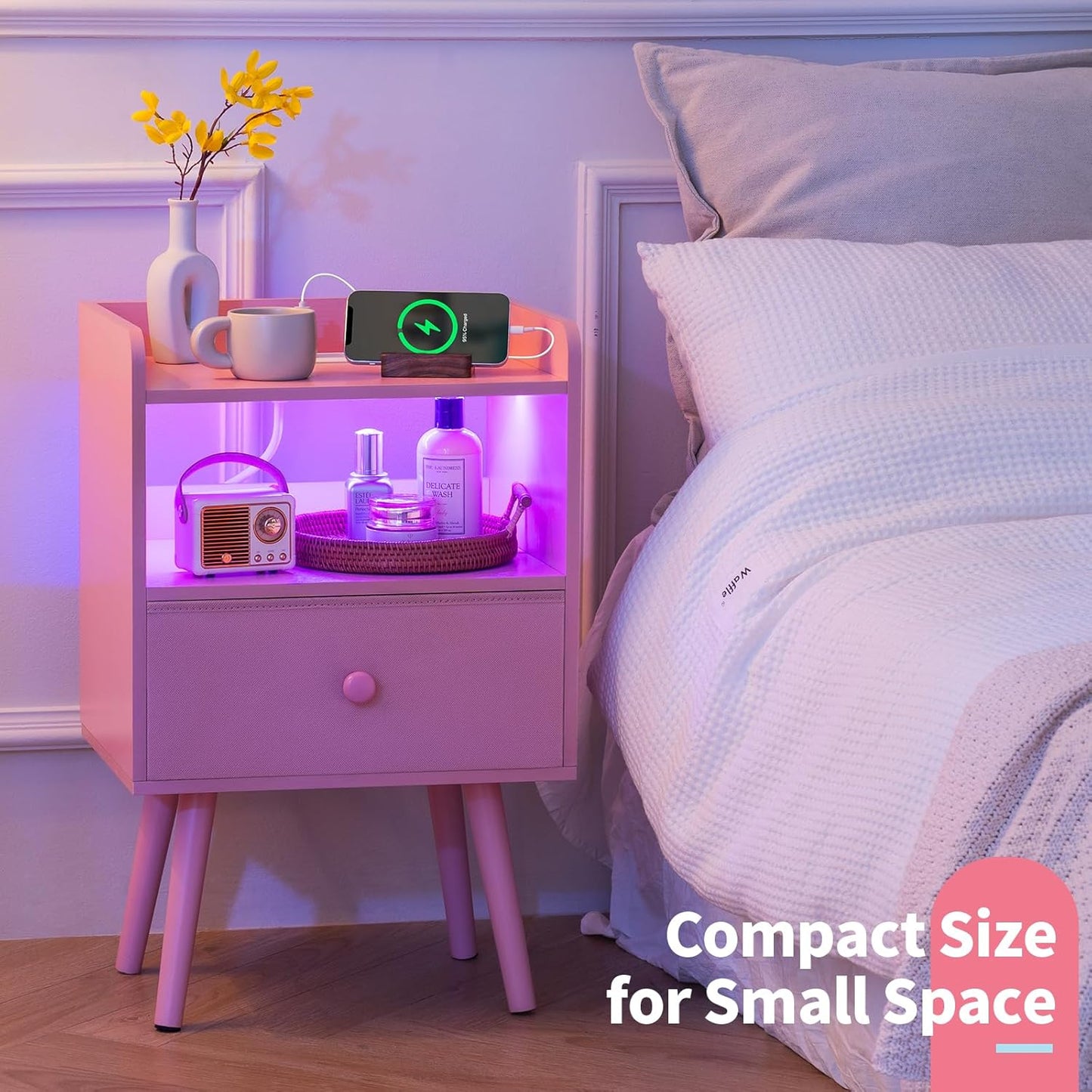 Nightstand with Charging Station, Modern Night Stand with LED Lights, Wood Nightstands with Fabric Drawer & Storage Shelf, Night Stands Bedside Table with USB Ports for Bedroom, Office, Home