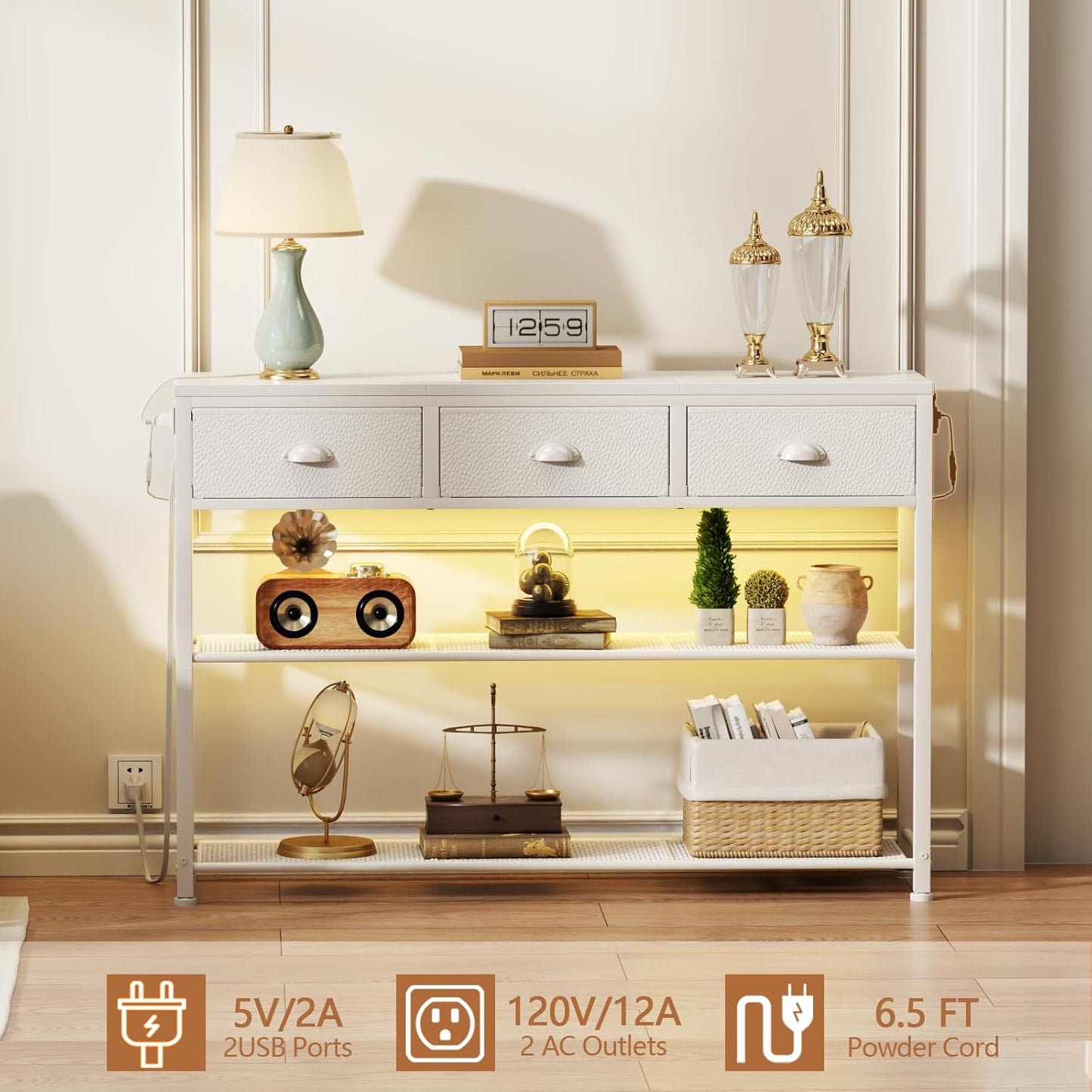 38In Console Table with 3 Drawers, Small Sofa Table with Lights and Power Outlets, Hallway Tables with 3-Tier Shelves, White Narrow Console Table for Entryway, Living Room, Couch, Foyer