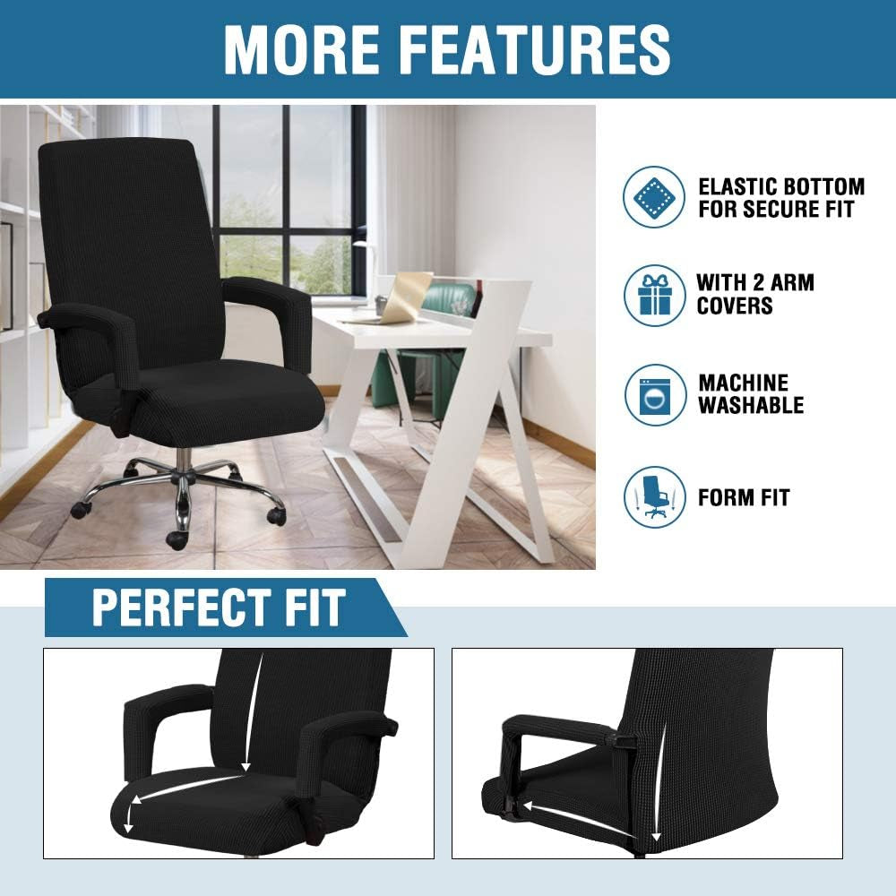 Home Office Chair Covers Stretchable Computer Desk Chair Covers Mid - High Back Universal Executive Boss Gaming Seat Cover Removable Machine Washable,Non Slip Thick Jacquard, Black- Large