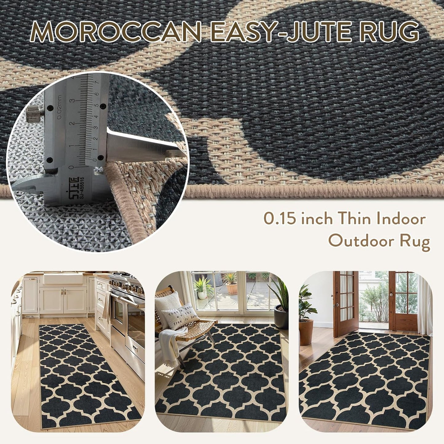 Moroccan Easy Jute Outdoor Entryway Rug, 3X5 Black Washable Front Porch Rugs for Balcony Bedroom, Farmhouse Trellis Neutral Thin Non Slip Small Carpet for Indoor Living Room Backyard Entrance