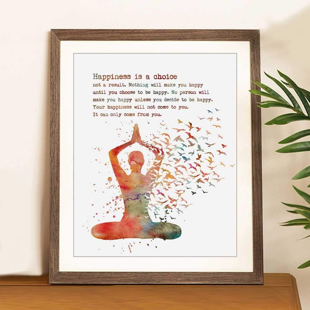 Yoga Art Happiness Is a Choice Motivational Quote Yoga Studio Wall Art Watercolor Print Yoga Woman Yogi Gift UNFRAMED 8X10Inch