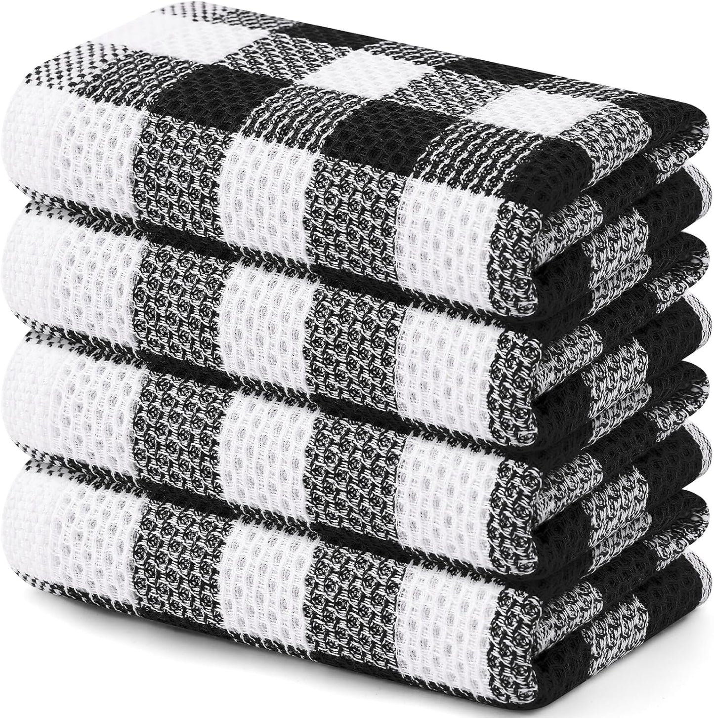 Buffalo Plaid Kitchen Towels Set, 4 Pack 100% Cotton Waffle Weave Dish Towels for Kitchen, Super Soft Absorbent Kitchen Hand Dish Cloths for Drying and Cleaning(13" X 28", Black & White)