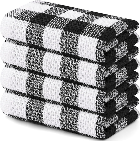 Buffalo Plaid Kitchen Towels Set, 4 Pack 100% Cotton Waffle Weave Dish Towels for Kitchen, Super Soft Absorbent Kitchen Hand Dish Cloths for Drying and Cleaning(13" X 28", Black & White)