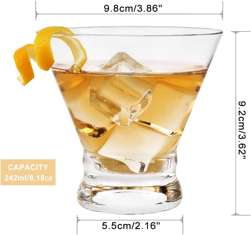 Set of 9 Martini Glasses - 8-Ounce Cinched Design Cocktail Glasses with Heavy Base, Stemless Construction for Stability - Sturdy and Elegant Cosmopolitan Bar Glasses (Glass, Clear9Pcs)