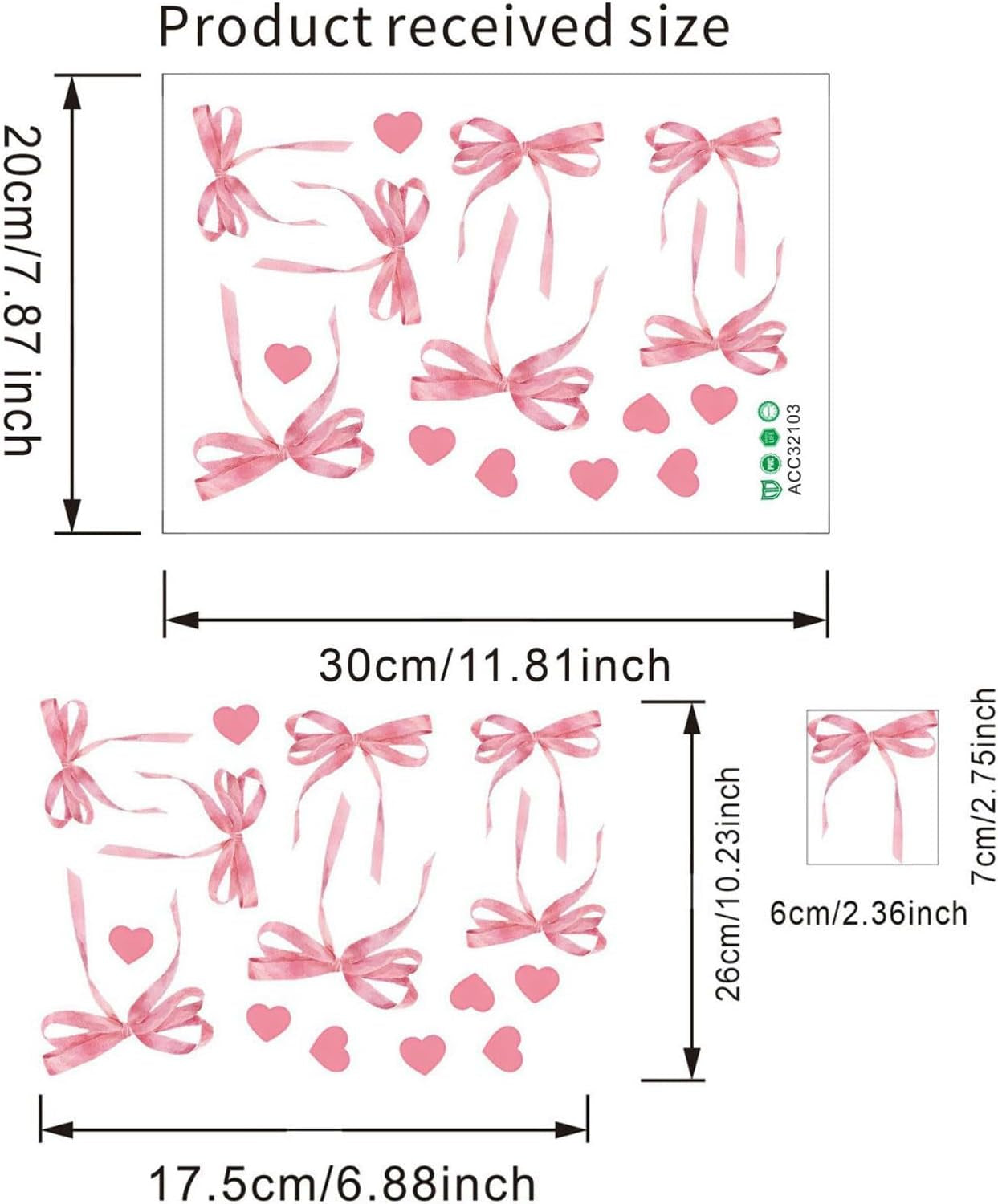 12 Sheets Bow Wall Stickers Peel and Stick Coquette Pink Bow Heart Decals for Room Nursery Boho Bedroom Dresser Playroom Living Room Windows Aesthetic Waterproof Wallpaper for Christmas Room Decor