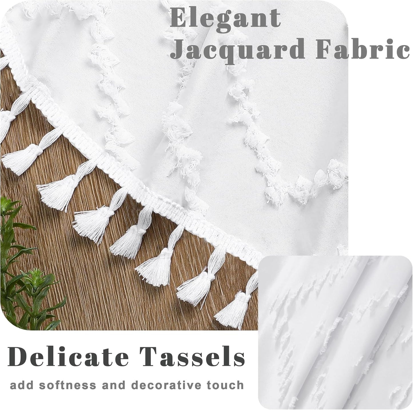 Boho Shower Curtain, White Fabric Cloth Shower Curtains Farmhouse Tufted Chevron Striped Textured with Tassel for Bathroom, Soft Hotel Style Modern Minimalist, Machine Washable, 72X72, White