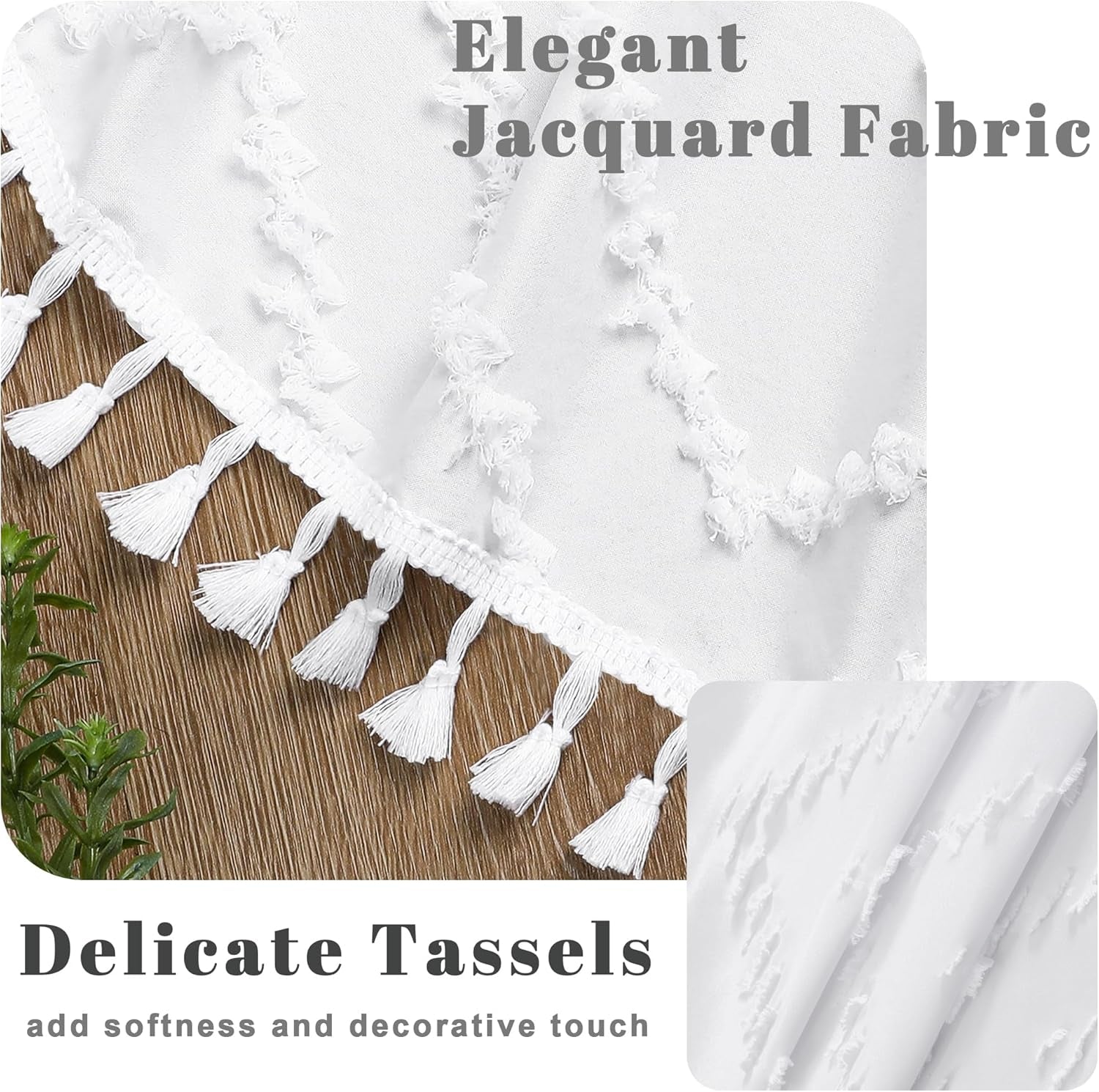 Boho Shower Curtain, White Fabric Cloth Shower Curtains Farmhouse Tufted Chevron Striped Textured with Tassel for Bathroom, Soft Hotel Style Modern Minimalist, Machine Washable, 72X72, White