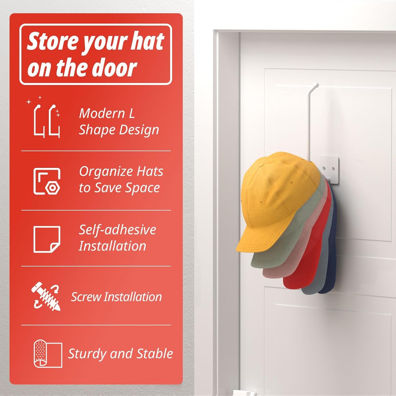 2 Pack Hat Racks for Baseball Caps Wall, Extended 8.07" Hat Organizer for Baseball Caps, Hat Storage for Baseball Caps, Hat Hooks Hat Hanger Strong Adhesive/Wall Drilled for Door, Closet(White)