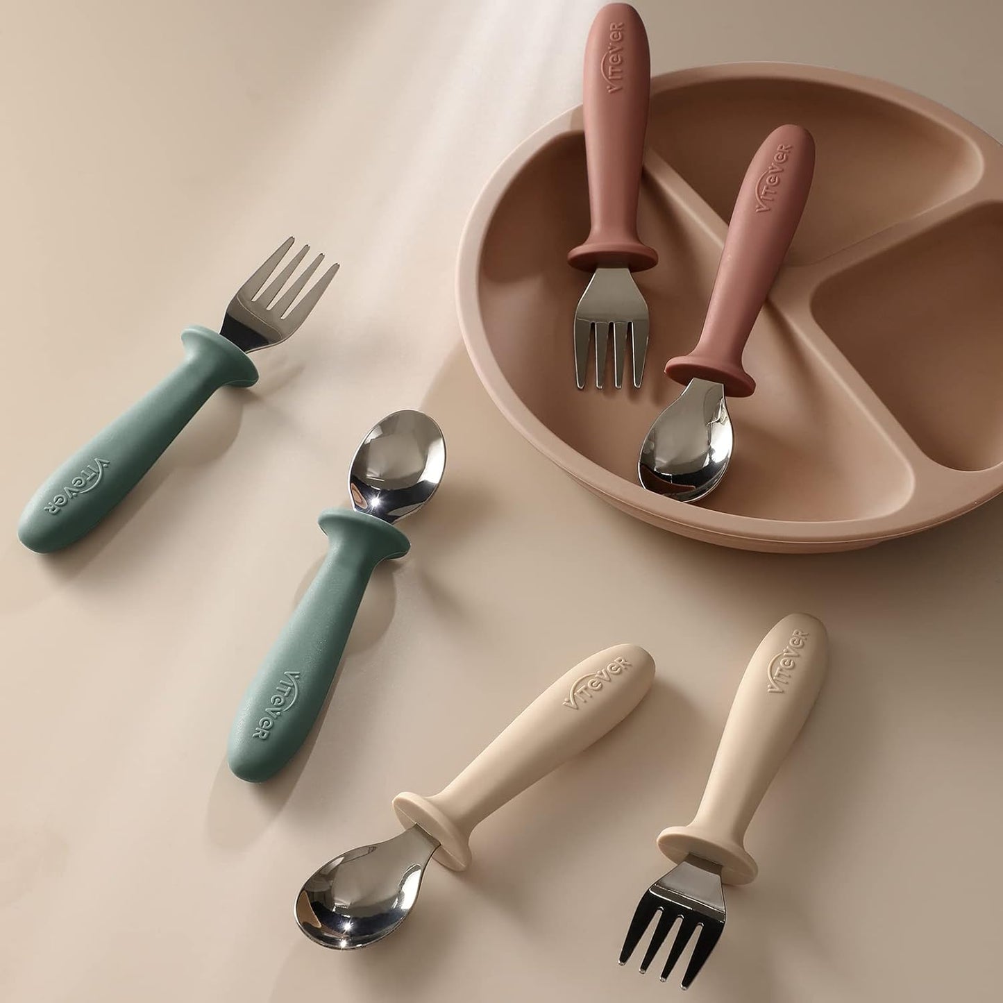 6 Pieces Toddler Utensils, Kids Silverware Set with Silicone Handle, Children Safe Spoons and Forks, 18/8 Stainless Steel, Food-Grade Silicone - Dishwasher Safe
