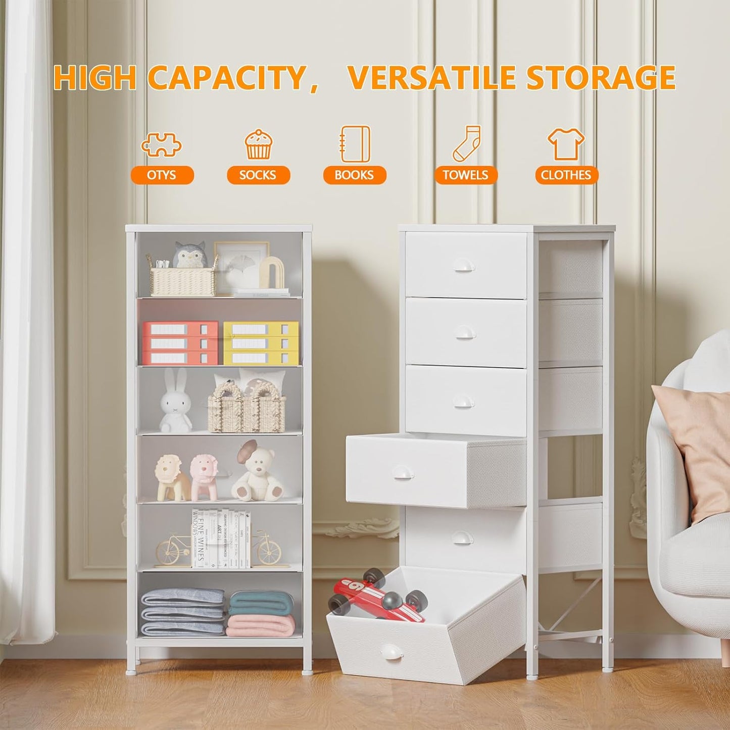 White Vertical Tall Dresser with 6 Fabric Drawers - Versatile Storage Tower and Nightstand for Bedroom, Living Room, Closet, Entryway, and Hallway