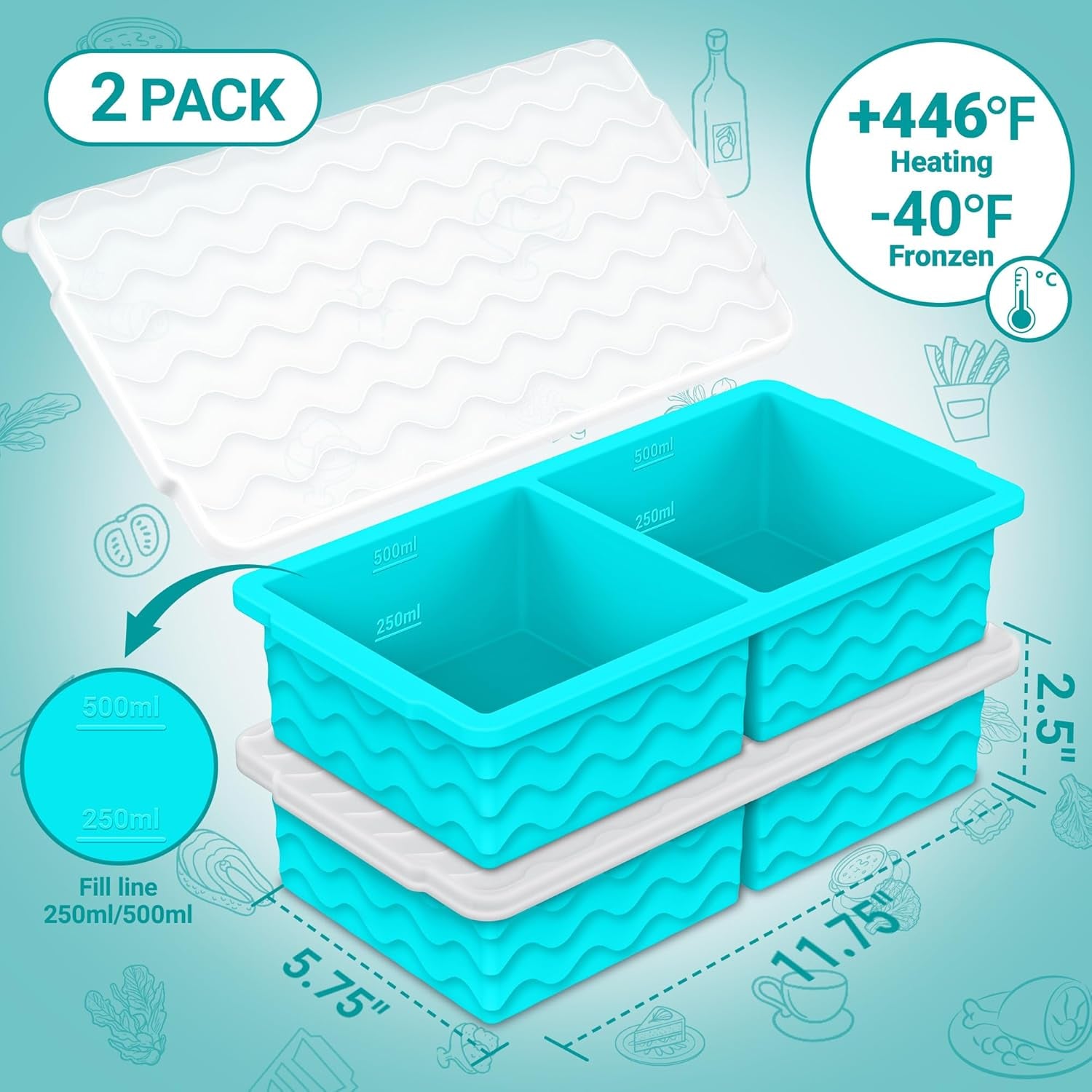 Silicone Freezer Tray with Lid – 2-Cup Soup Freezer Container Molds, Large Ice Cube Trays for Freezing Soup, Sauce & Broth, Meal Prep & Food Storage – Oven & Dishwasher Safe, 2-Pack