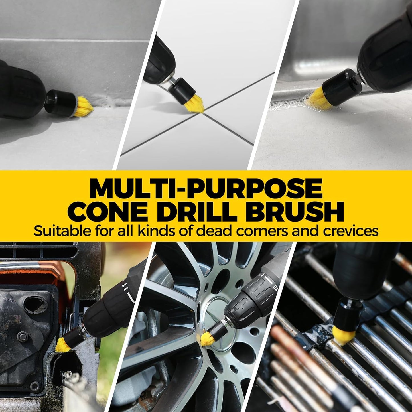 6Pack Drill Brush Power Scrubber Cleaning Brush Extended Long Attachment Set All Purpose Drill Scrub Brushes Kit for Grout, Floor, Tub, Shower, Tile, Bathroom and Kitchen Surface,Yellow
