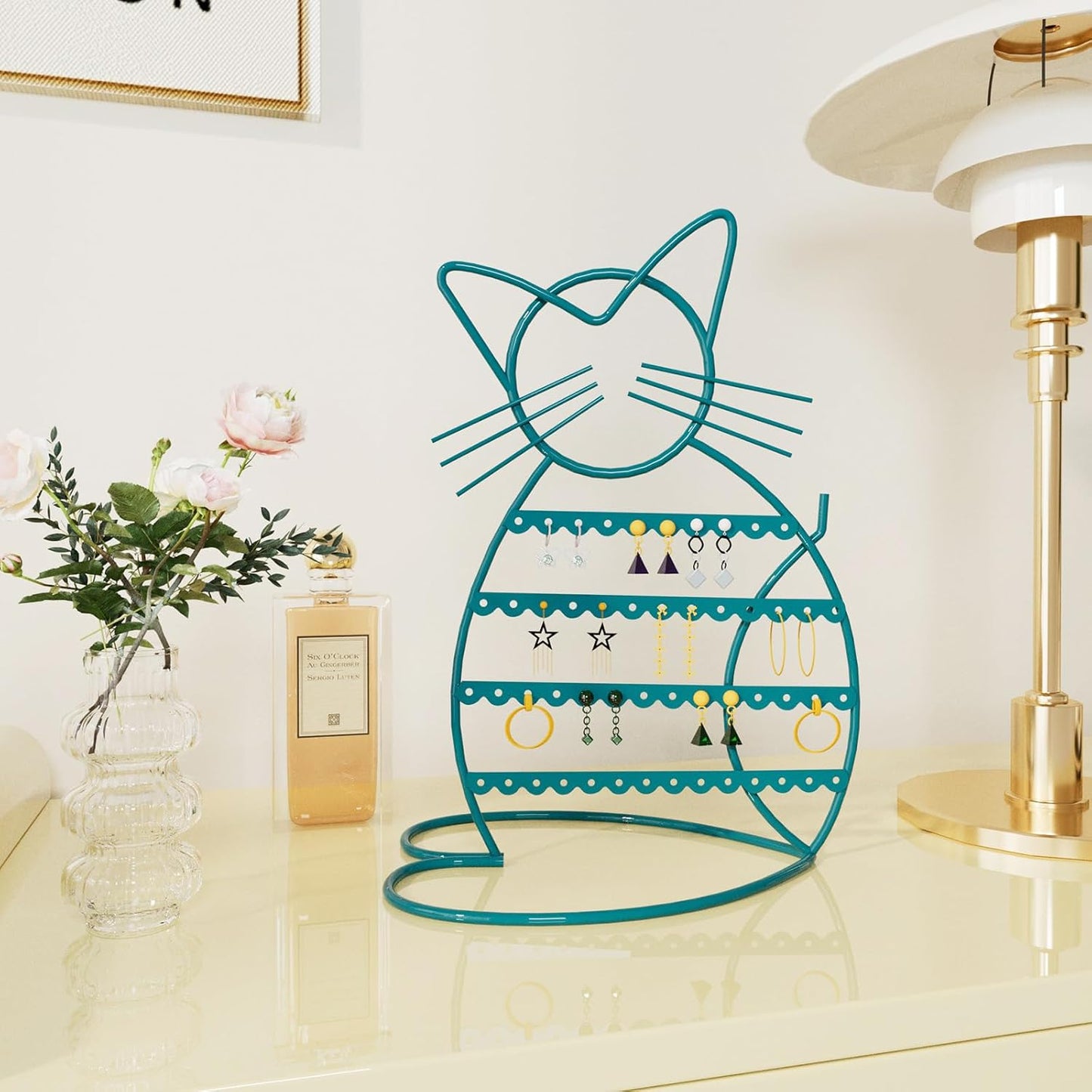 Jewelry Organizer Stand Cat Shaped Earring Holder Organizer Metal 48 Stud Earring Holes Jewelry Holder, Metal Jewelry Display Vanity Organizer for Girls - Blue