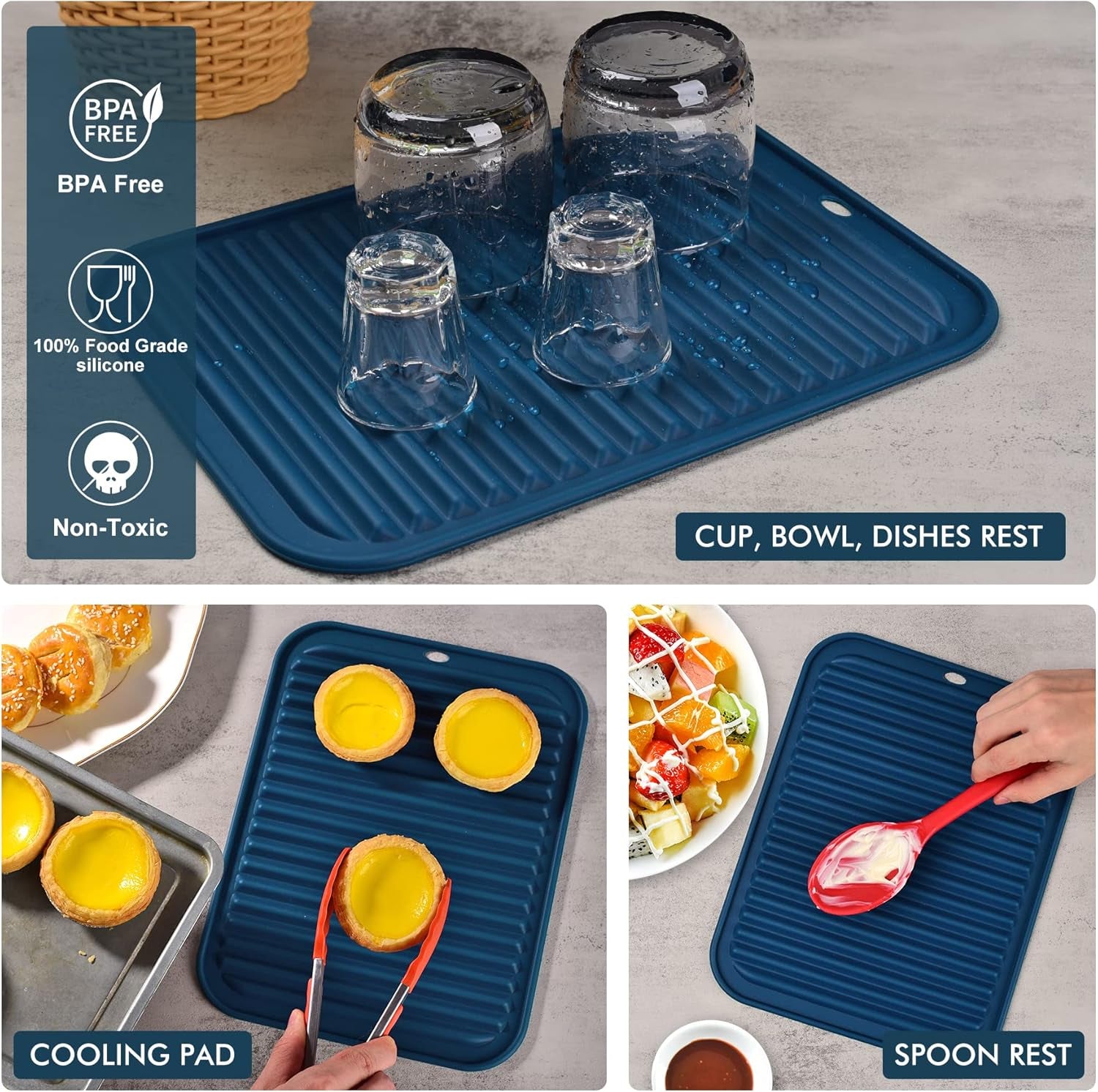 BPA Free Silicone Trivets for Hot Pots and Pans, 446℉ Heat Resistant for Kitchen Counter Dish Drying Mat, Set of 2 Classic Blue