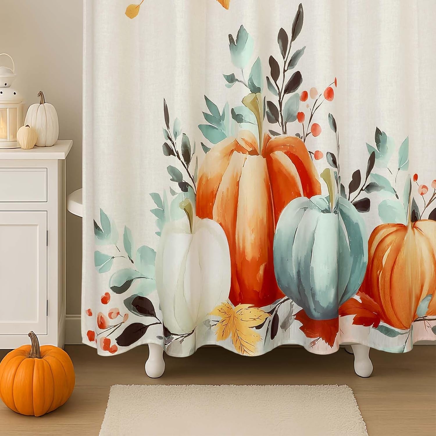 Fall Thanksgiving Shower Curtain, Waterproof Printed Harvest Autumn Floral Pumpkin Bathroom Curtain Decor, Farmhouse Halloween Shower Curtains for Bathroom, 72X72 Inch