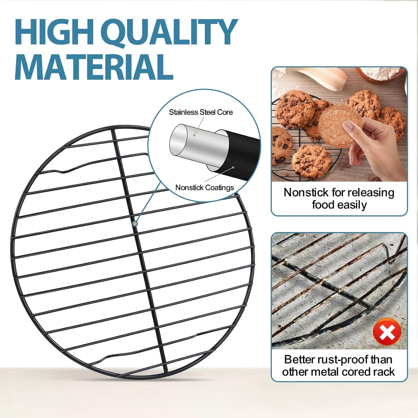 round Cooling Rack Set, round Wire Racks for Cooking Baking, Fit Air Fryer & Oven, Stainless Steel Core with Nonstick Coatings, Black, 3 PCS - 7.5 & 9 & 10.5 Inch