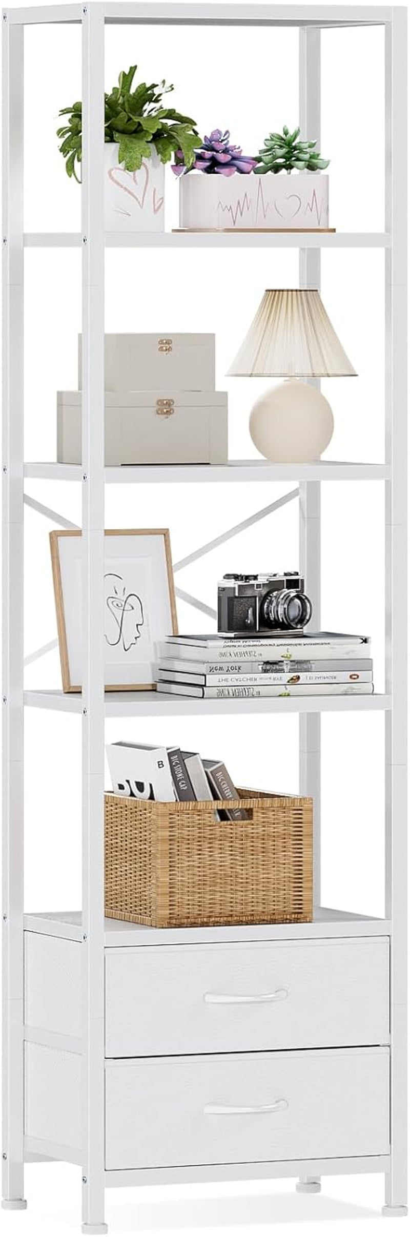 5-Tier Corner Shelf with 2 Storage Drawers, Tall Wood Display Bookcase and Organizer Unit for Living Room and Bedroom, Metal Frame (White)