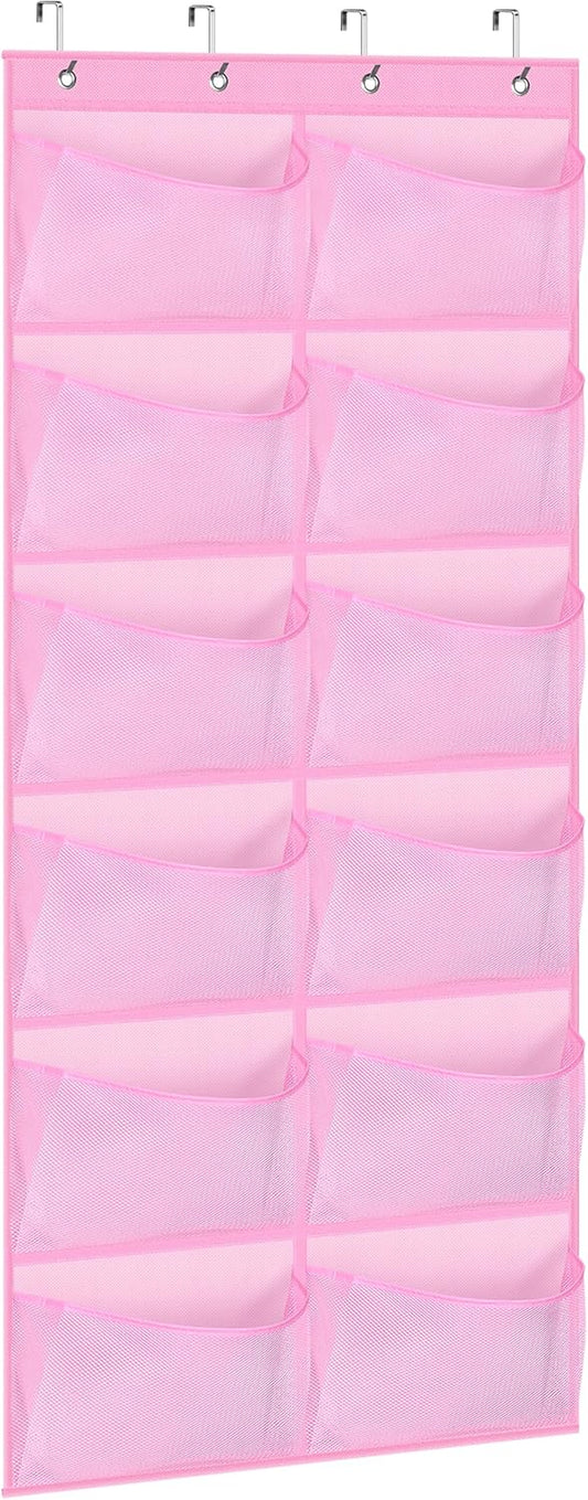 12 Large Mesh Pockets over the Door Shoe Organizer for Closet Hanging Shoe Rack for Door Sneaker Hanger Boot Storage for Kids, Baby, Toddler, Girl, Pink