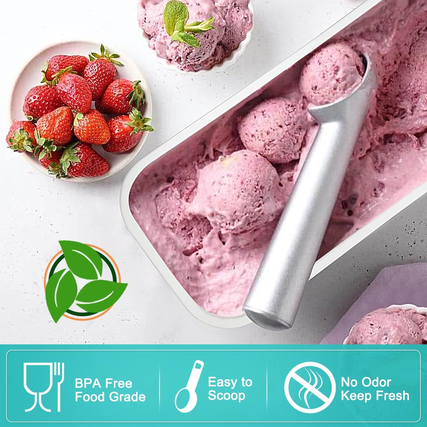 Ice Cream Containers - 1.6 Quart Each, Reusable Homemade Ice Cream Tubs with Silicone Lids, Stackable Freezer Storage Container for Yogurt, Sorbet, Gelato, Bonus 2 Bands, 12 Stickers, Set of 2