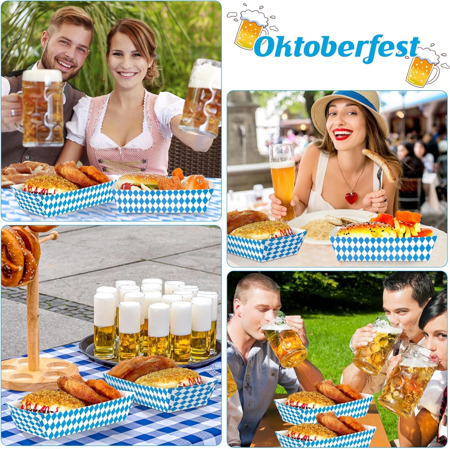 50 PCS Oktoberfest Decorations, Disposable Oktoberfest Paper Food Trays, Fold-To-Assemble Beer Festival Blue White Decoration, Oktoberfest Snacks Take Out Food Serving Trays for German Party Supplies