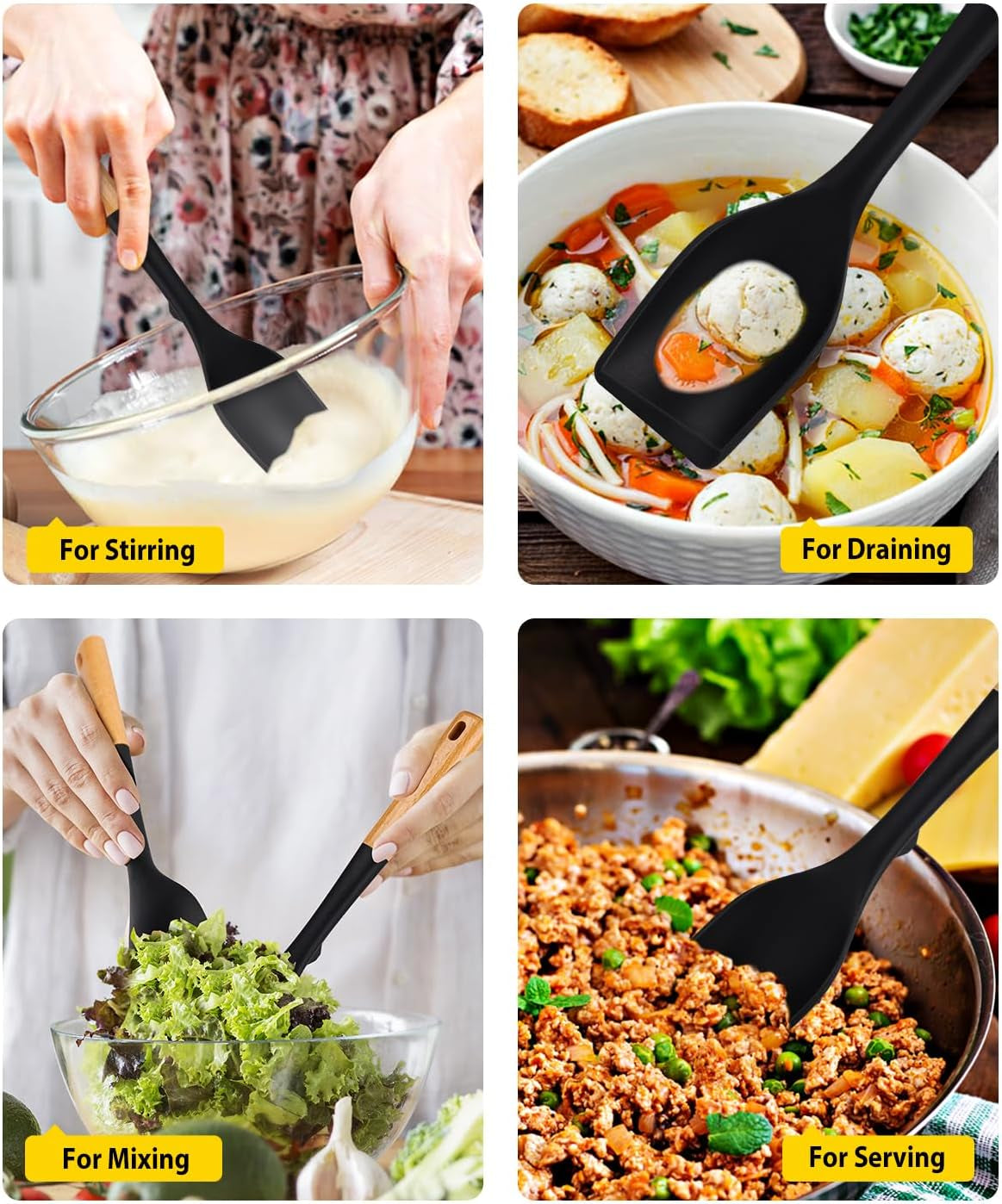 Pack of 2 Large Silicone Cooking Spoons, Heat Resistant Non Stick Kitchen Utensils with Wooden Handle, Ideal for Mixing, Stirring, Serving, Cooking(Black)