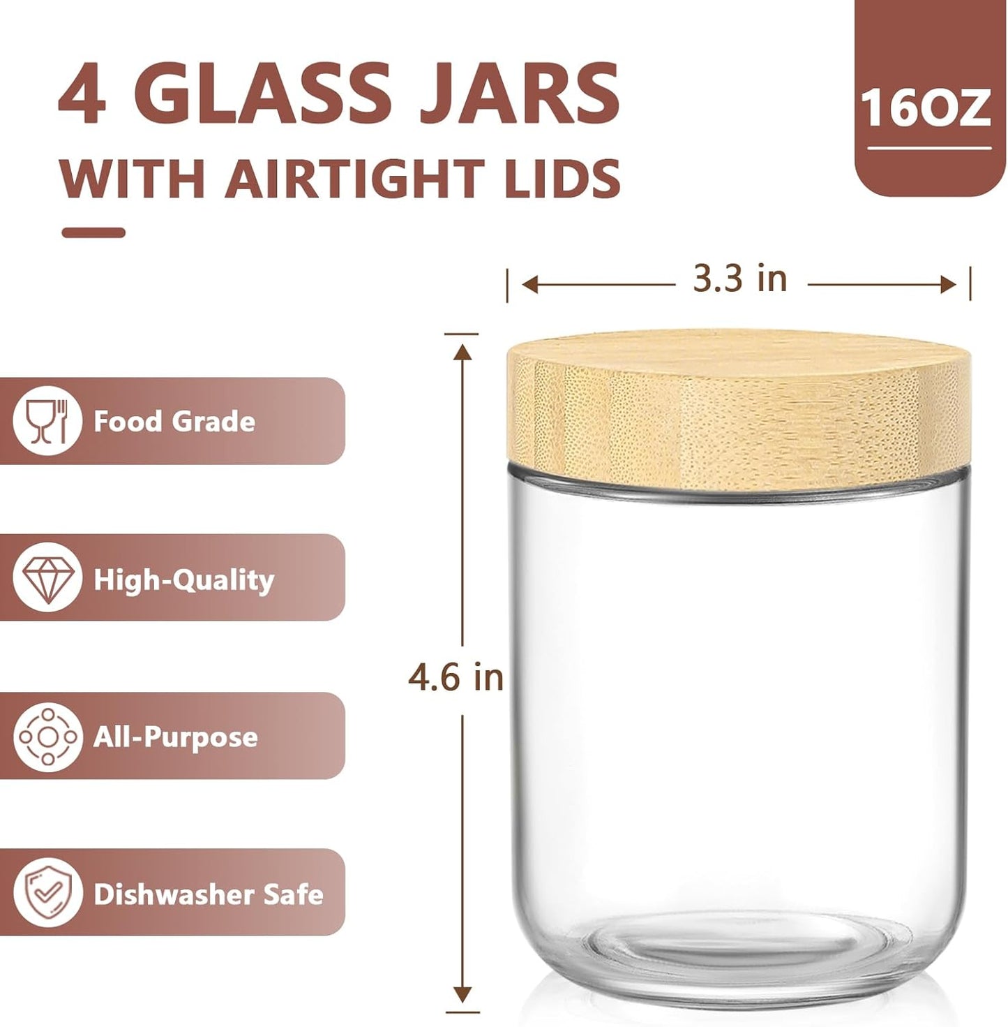 16 oz Glass Storage Jars with Bamboo Lids - 4 Pack Airtight Wide Mouth Containers for Meal Prep, Salads, Chia Pudding, Snacks, Yogurt, Sugar, Spice, and Cereal