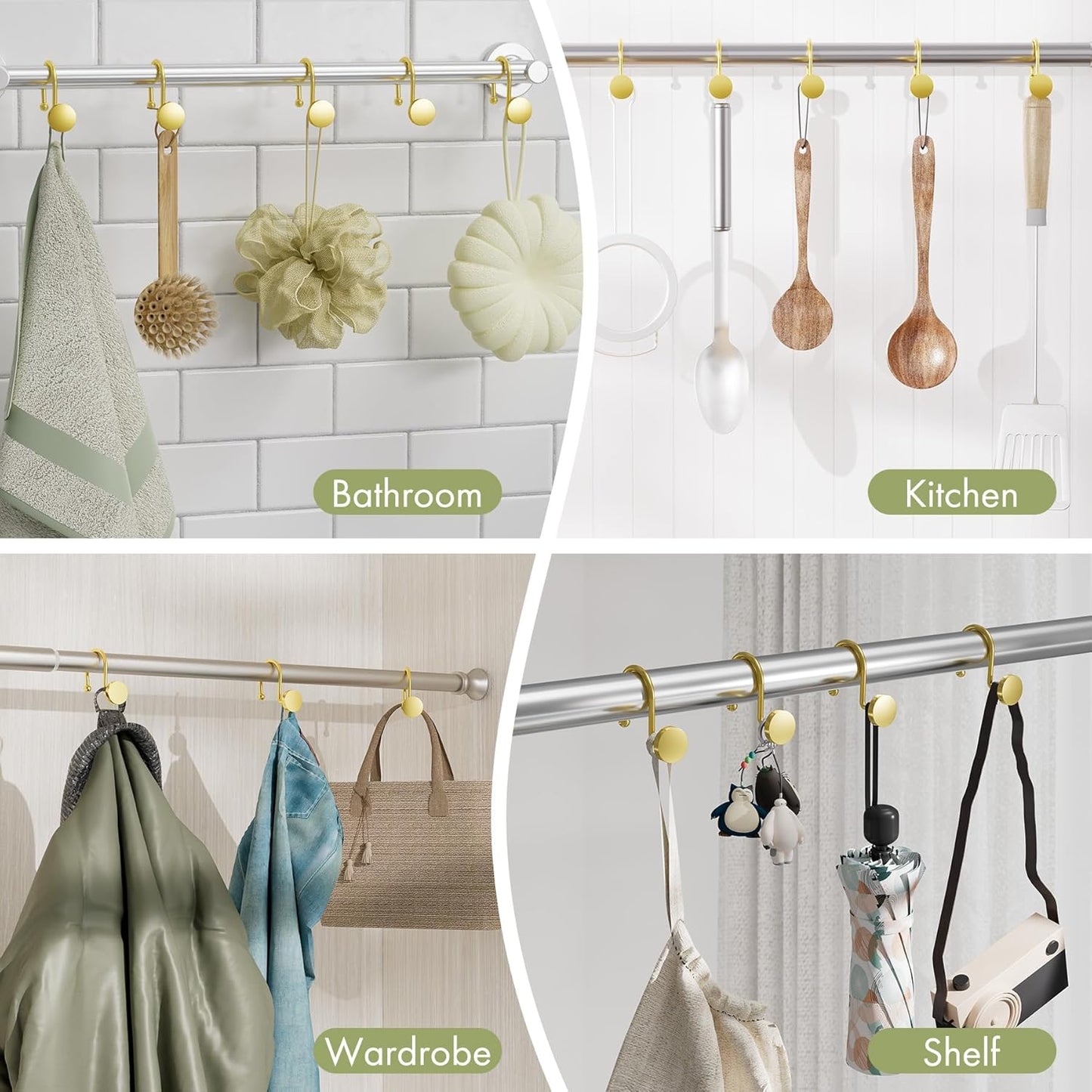 Gold Shower Curtain Hooks, Shower Curtain Rings Modern Decorative Shower Curtain Hooks Rust Proof Smooth Metal Shower Hooks for Shower Curtain Hangers Bathroom Shower Rod Hook, 12Pcs